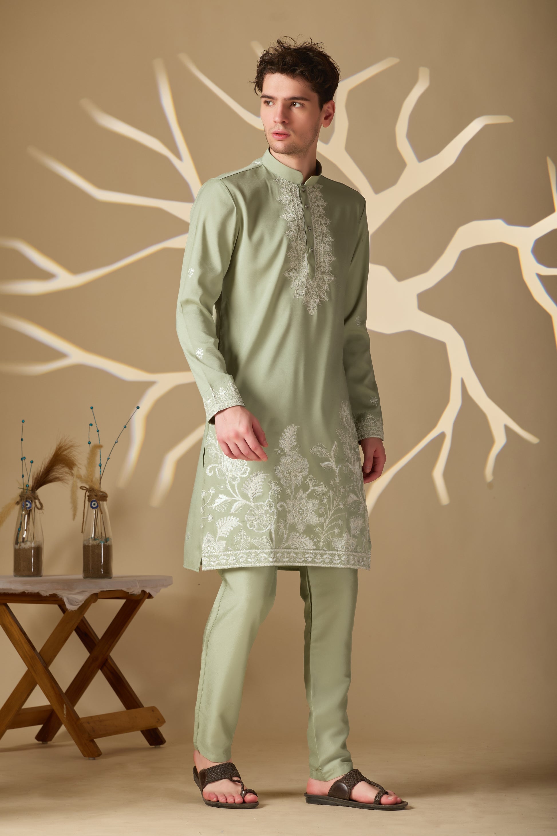Pastel Mehendi Embroidered Kurta With Dupatta Pant Set.