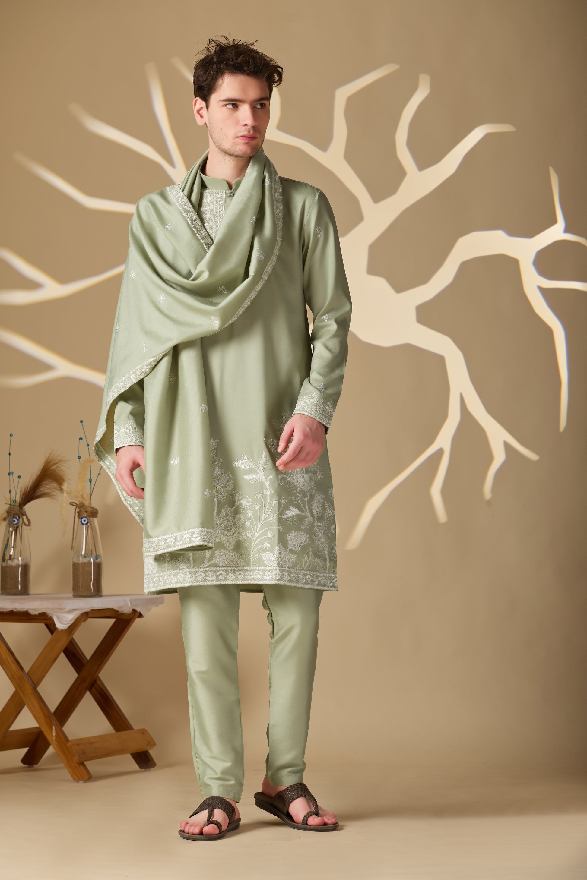 Pastel Mehendi Embroidered Kurta With Dupatta Pant Set.