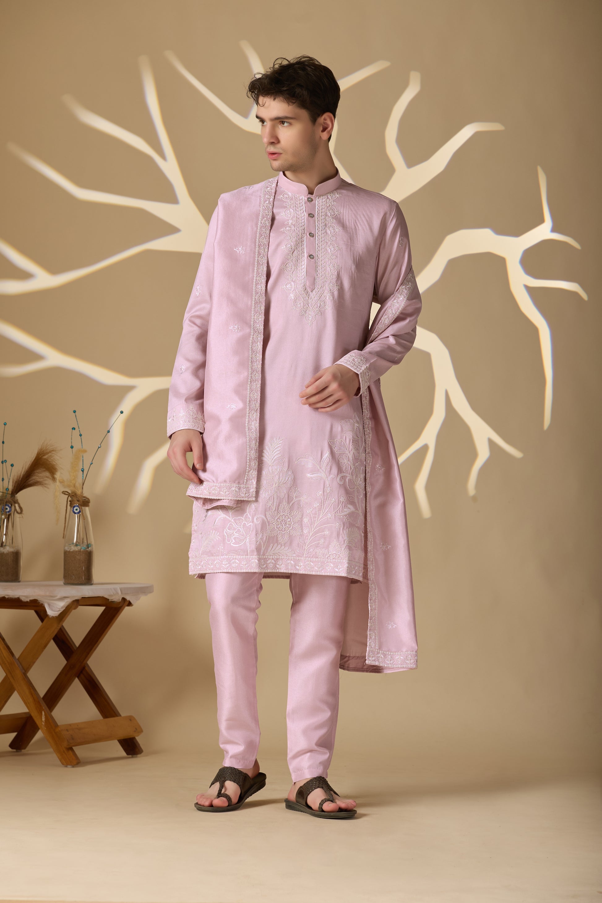 Pastel Pink Embroidered Kurta With Dupatta Pant Set.