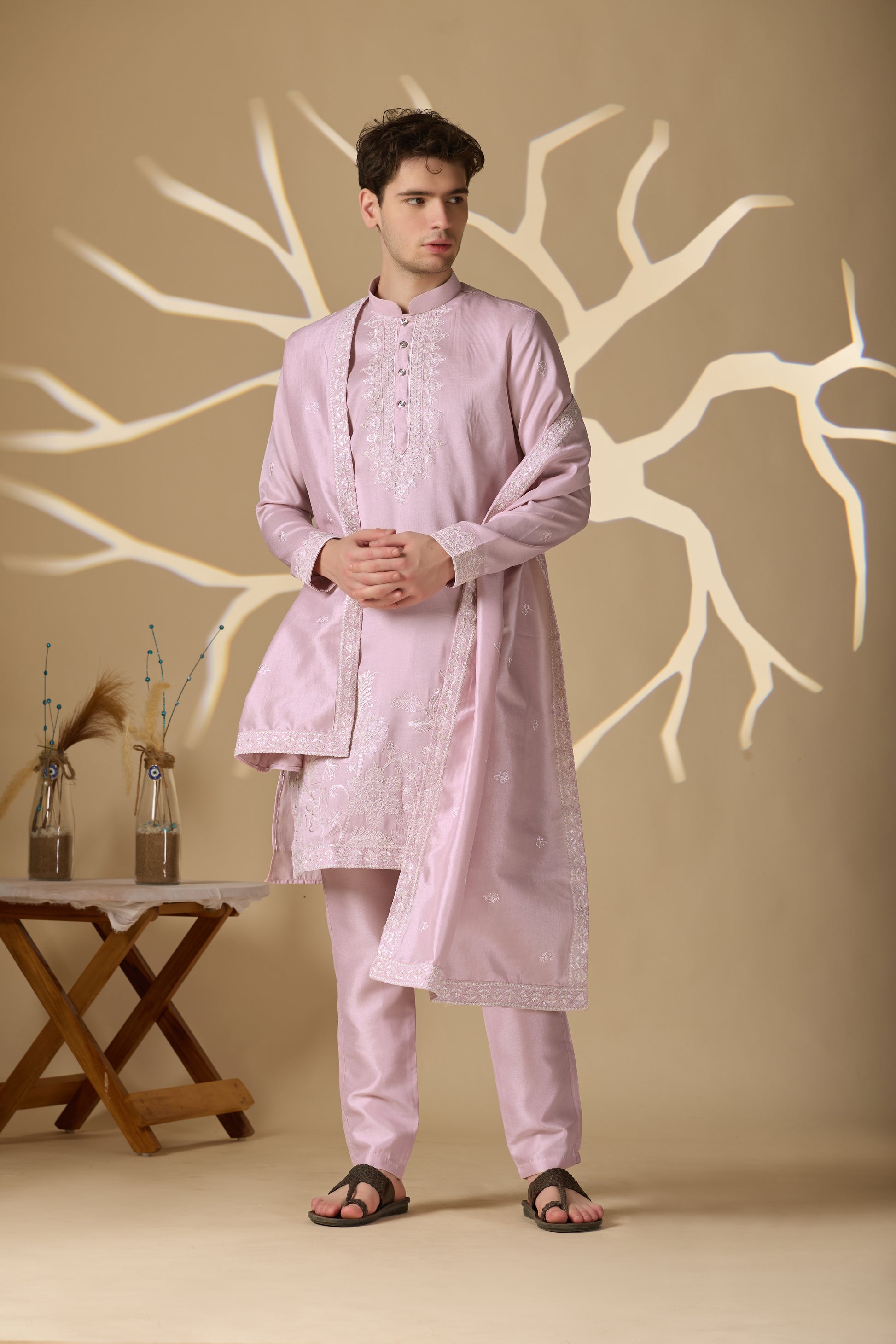 Pastel Pink Embroidered Kurta With Dupatta Pant Set.