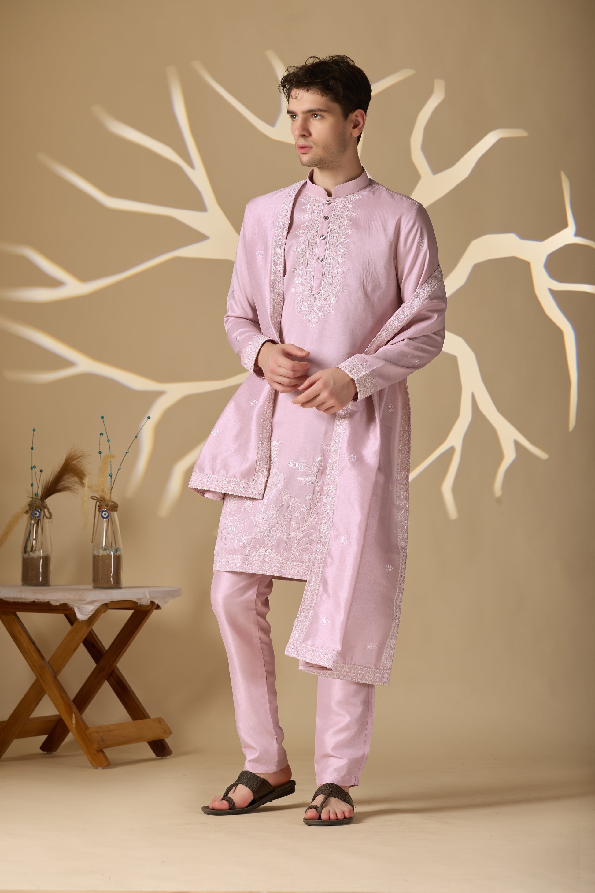 Pastel Pink Embroidered Kurta With Dupatta Pant Set.