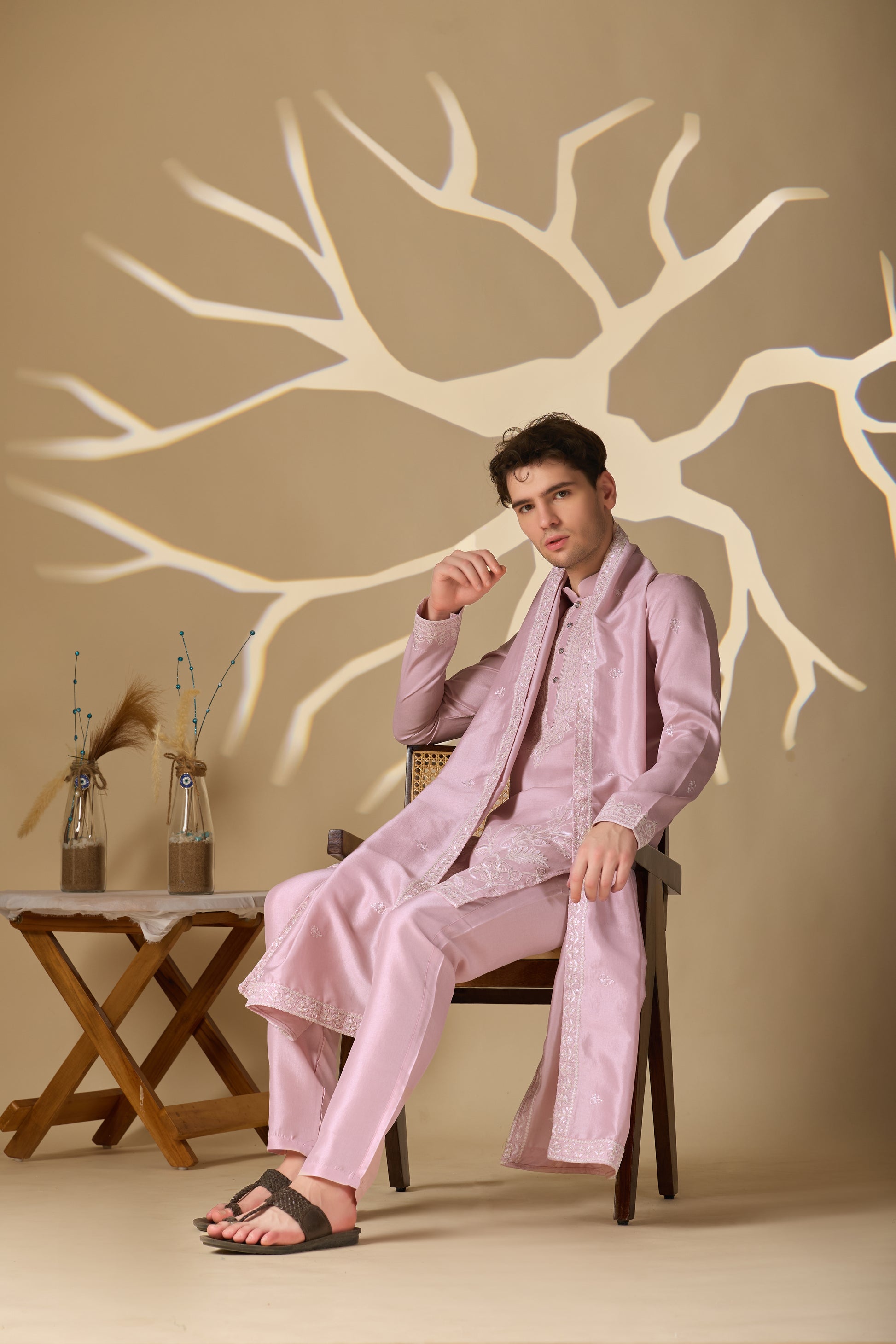 Pastel Pink Embroidered Kurta With Dupatta Pant Set.