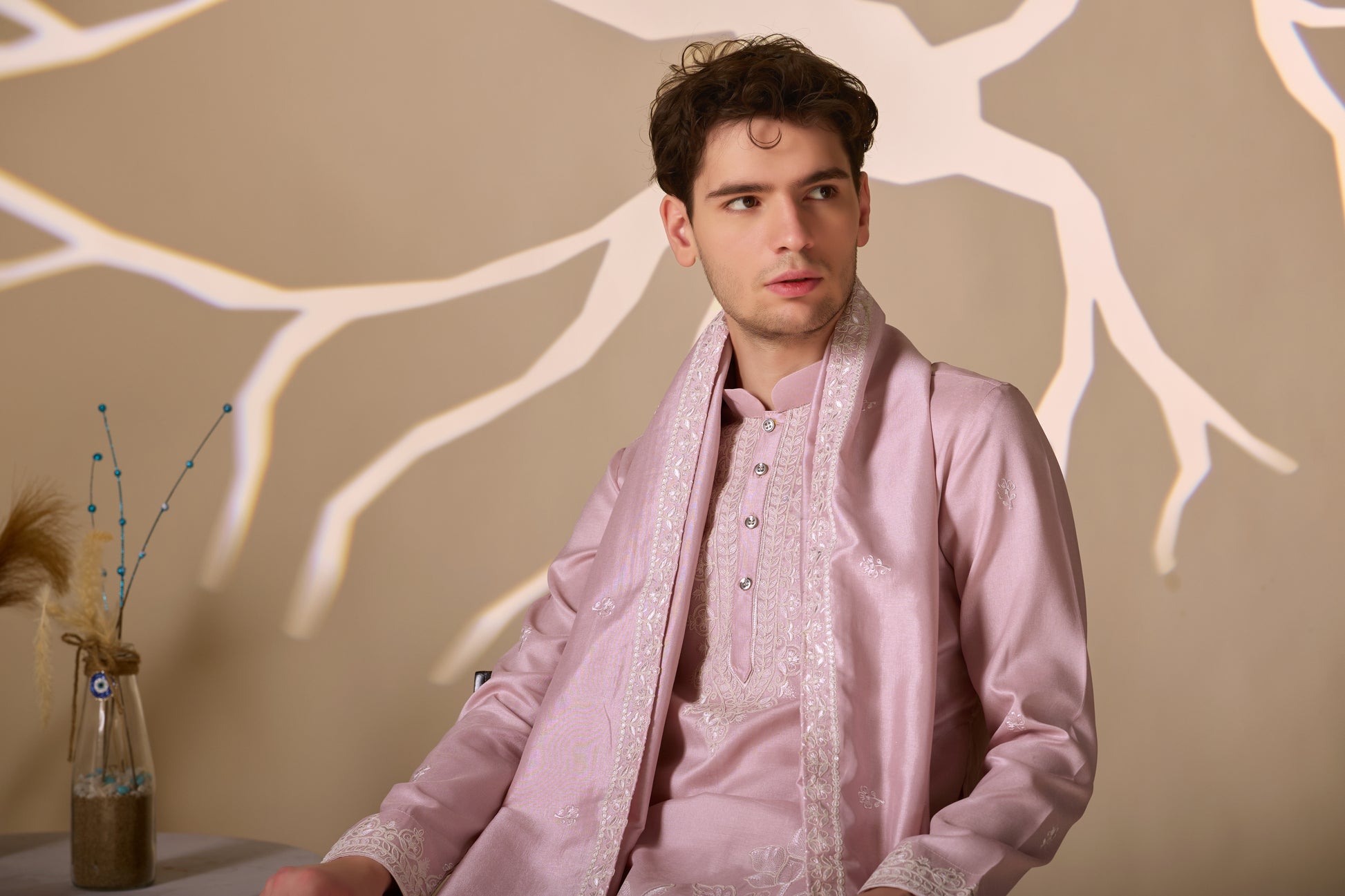 Pastel Pink Embroidered Kurta With Dupatta Pant Set.