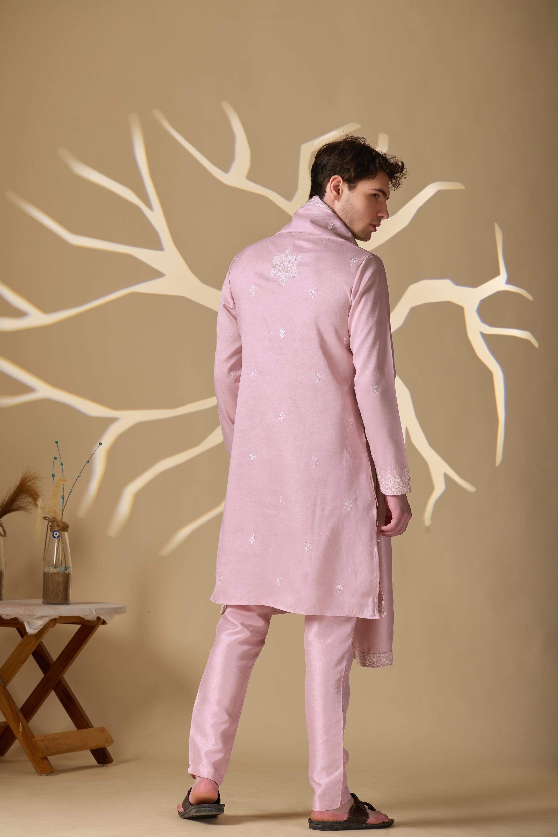 Pastel Pink Embroidered Kurta With Dupatta Pant Set.