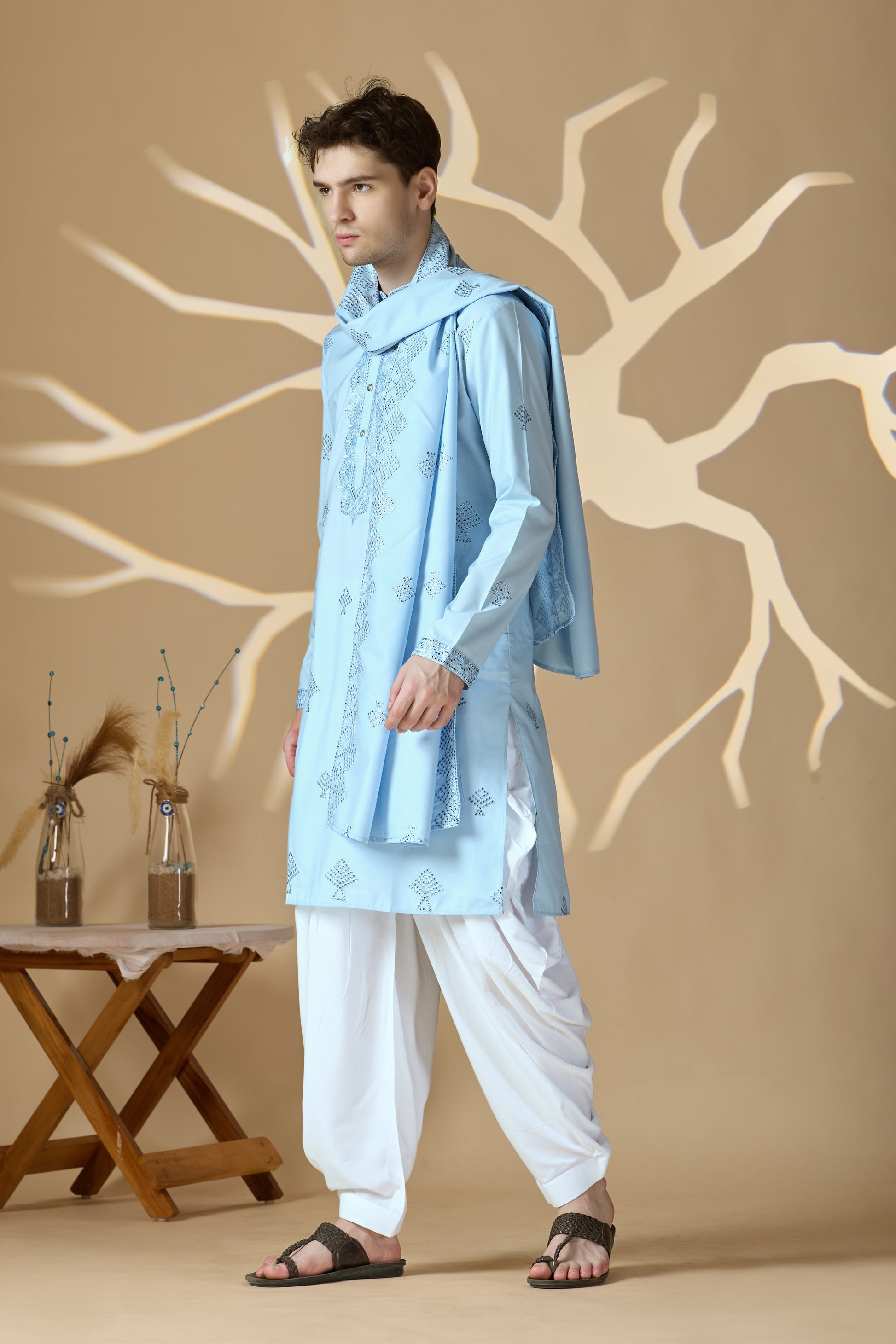 Sky Blue Embroidered Kurta With Dupatta And Patiala Pant Set