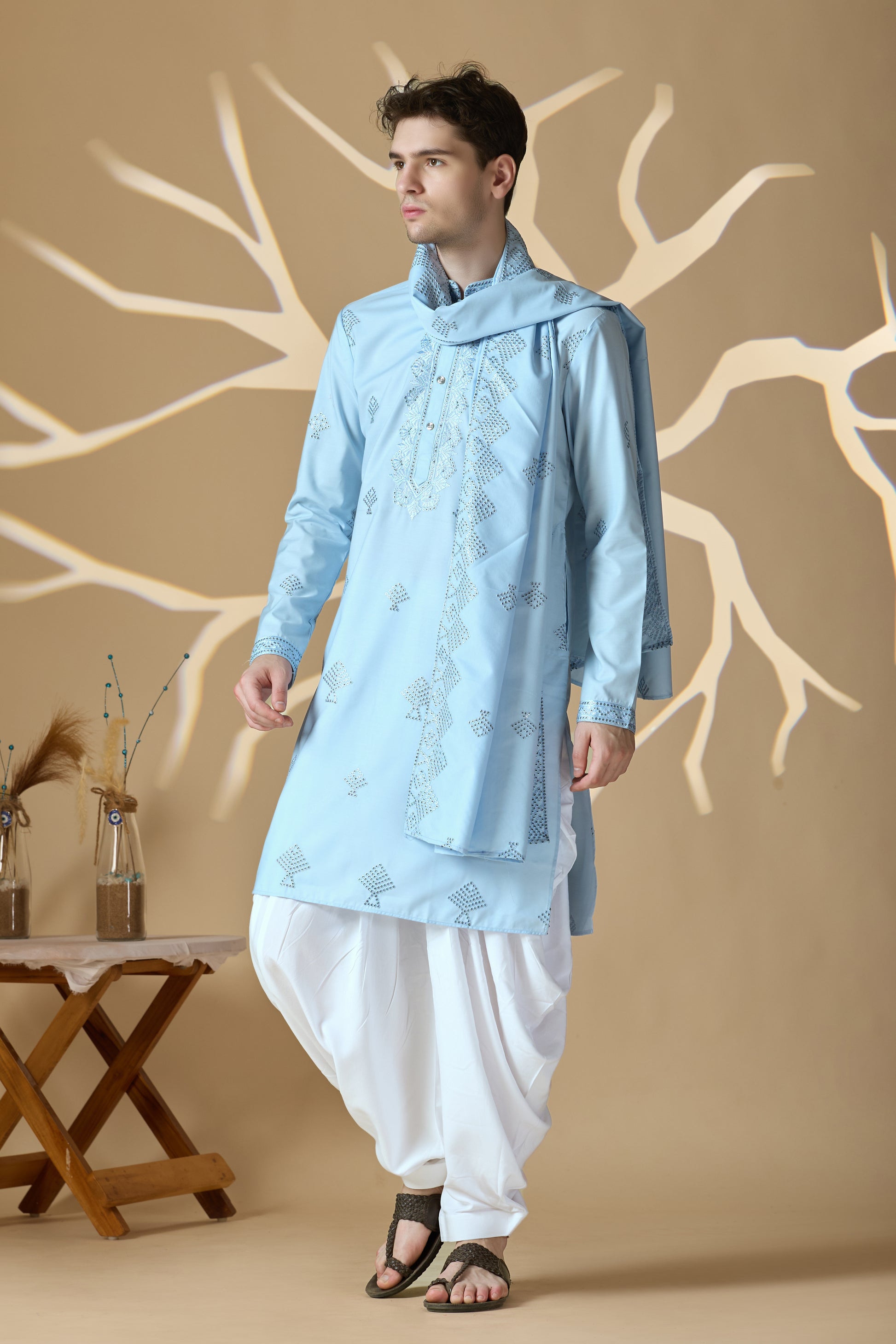 Sky Blue Embroidered Kurta With Dupatta And Patiala Pant Set
