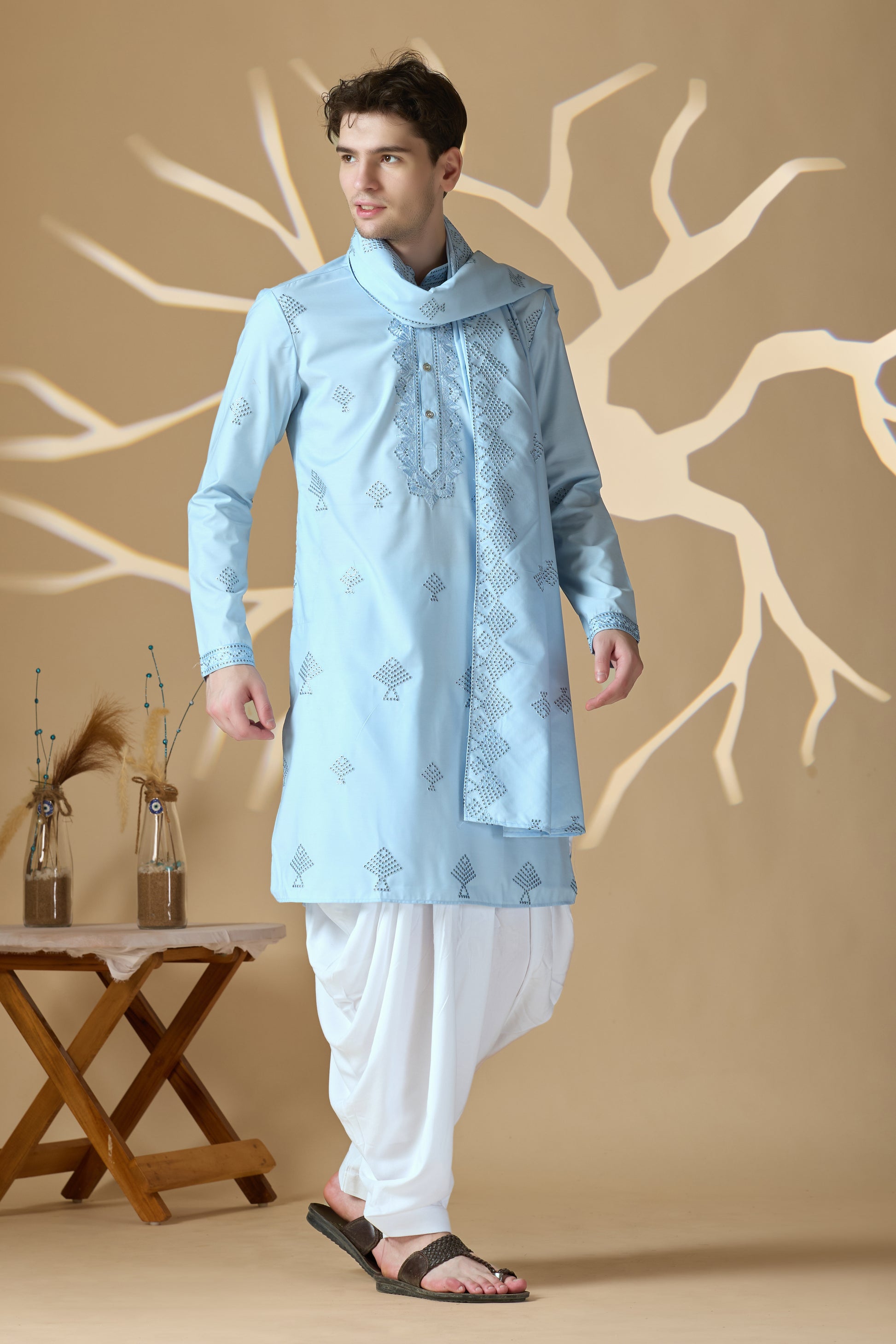 Sky Blue Embroidered Kurta With Dupatta And Patiala Pant Set