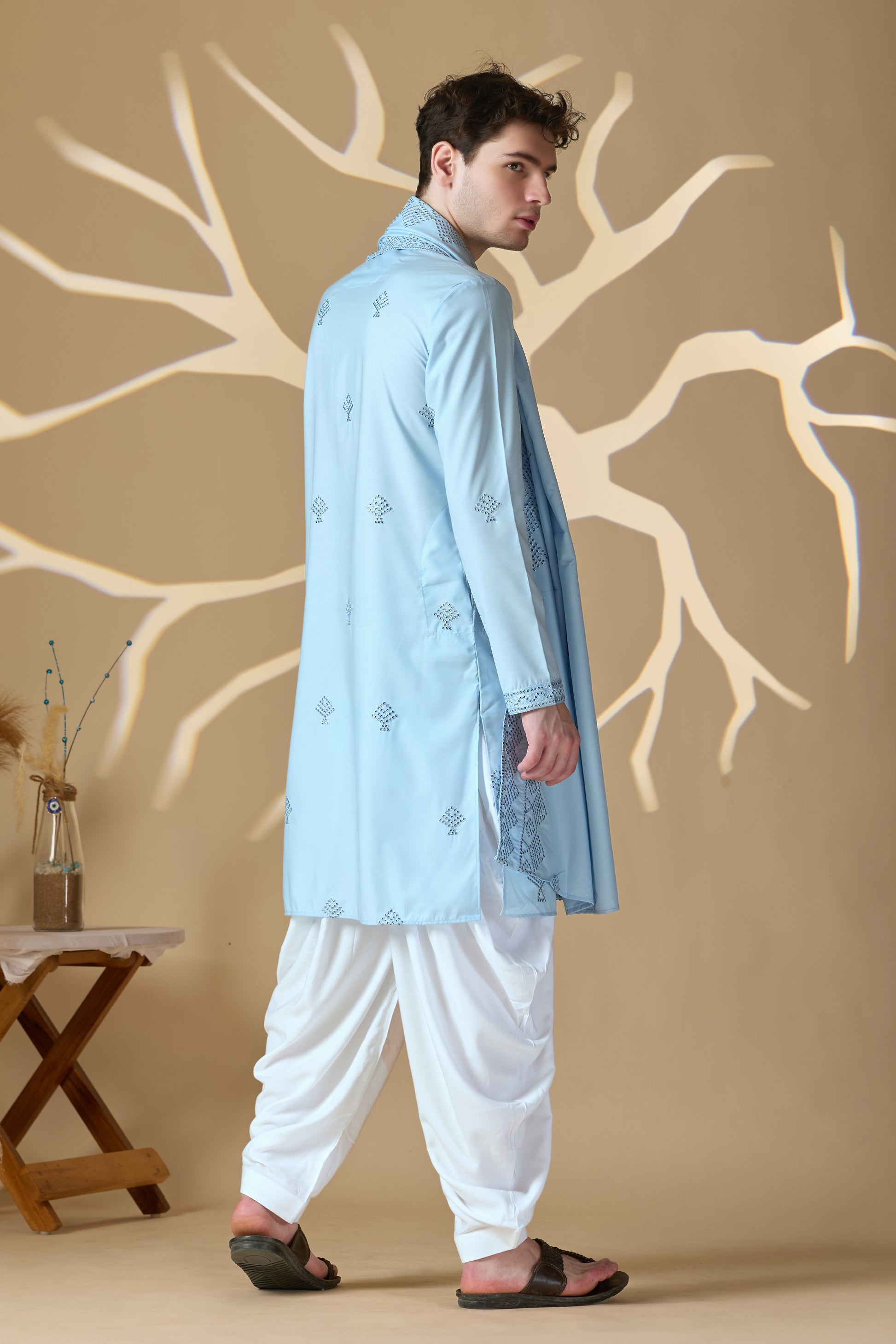 Sky Blue Embroidered Kurta With Dupatta And Patiala Pant Set