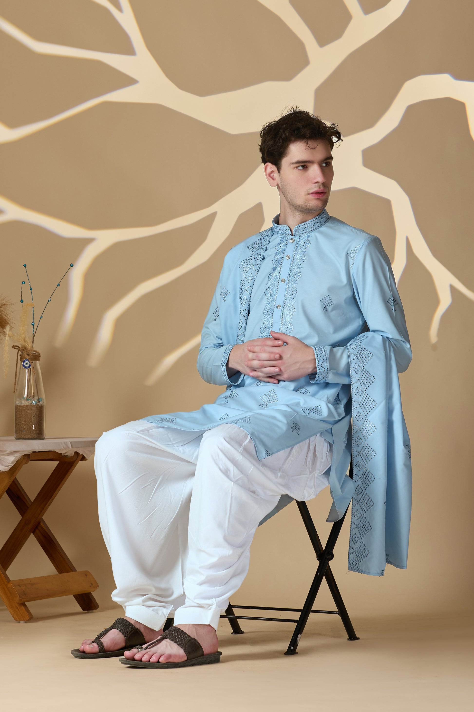 Sky Blue Embroidered Kurta With Dupatta And Patiala Pant Set