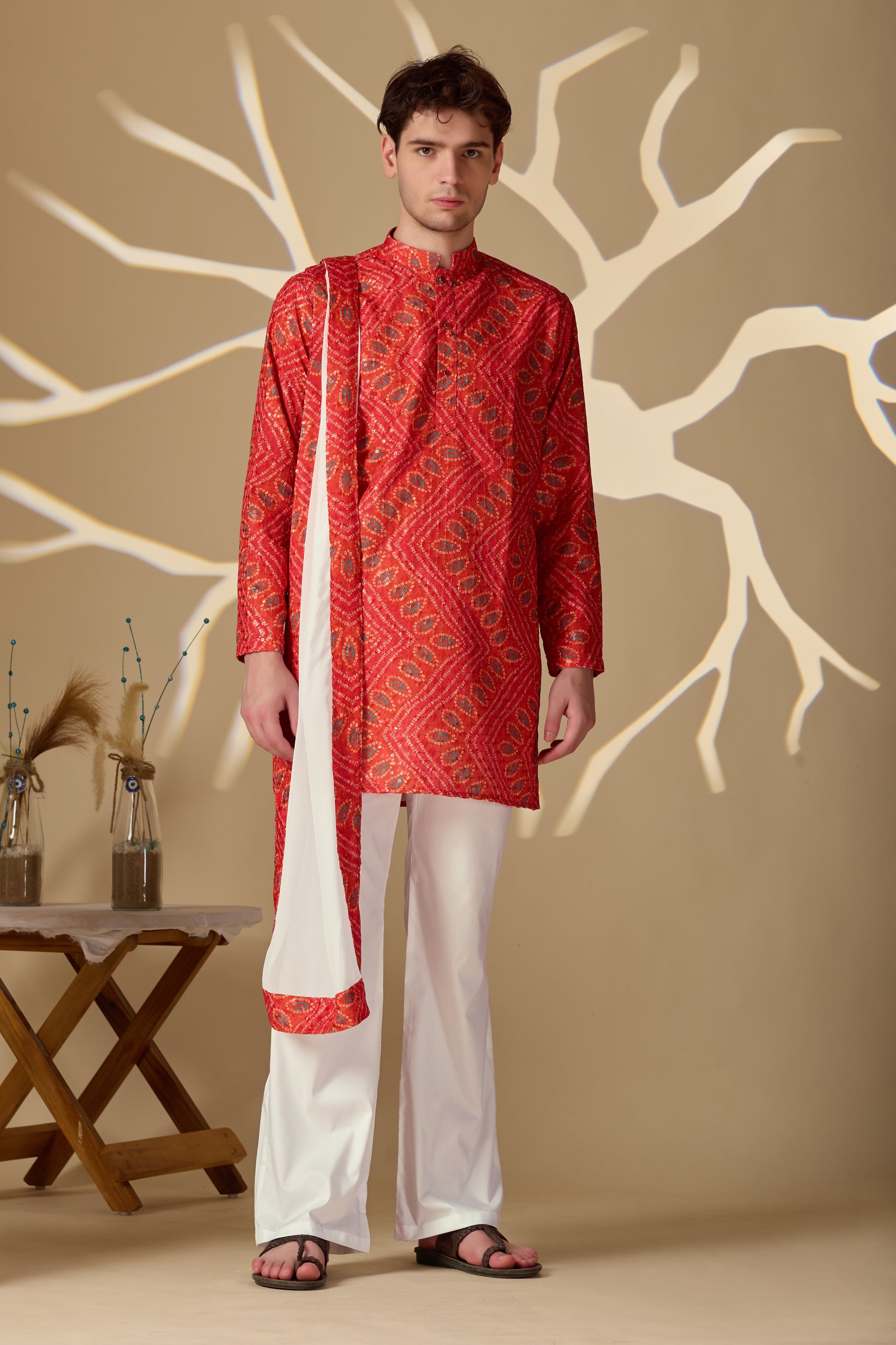 Bright Orange Bandhani Printed SHORT Kurta+Dupatta+pant set