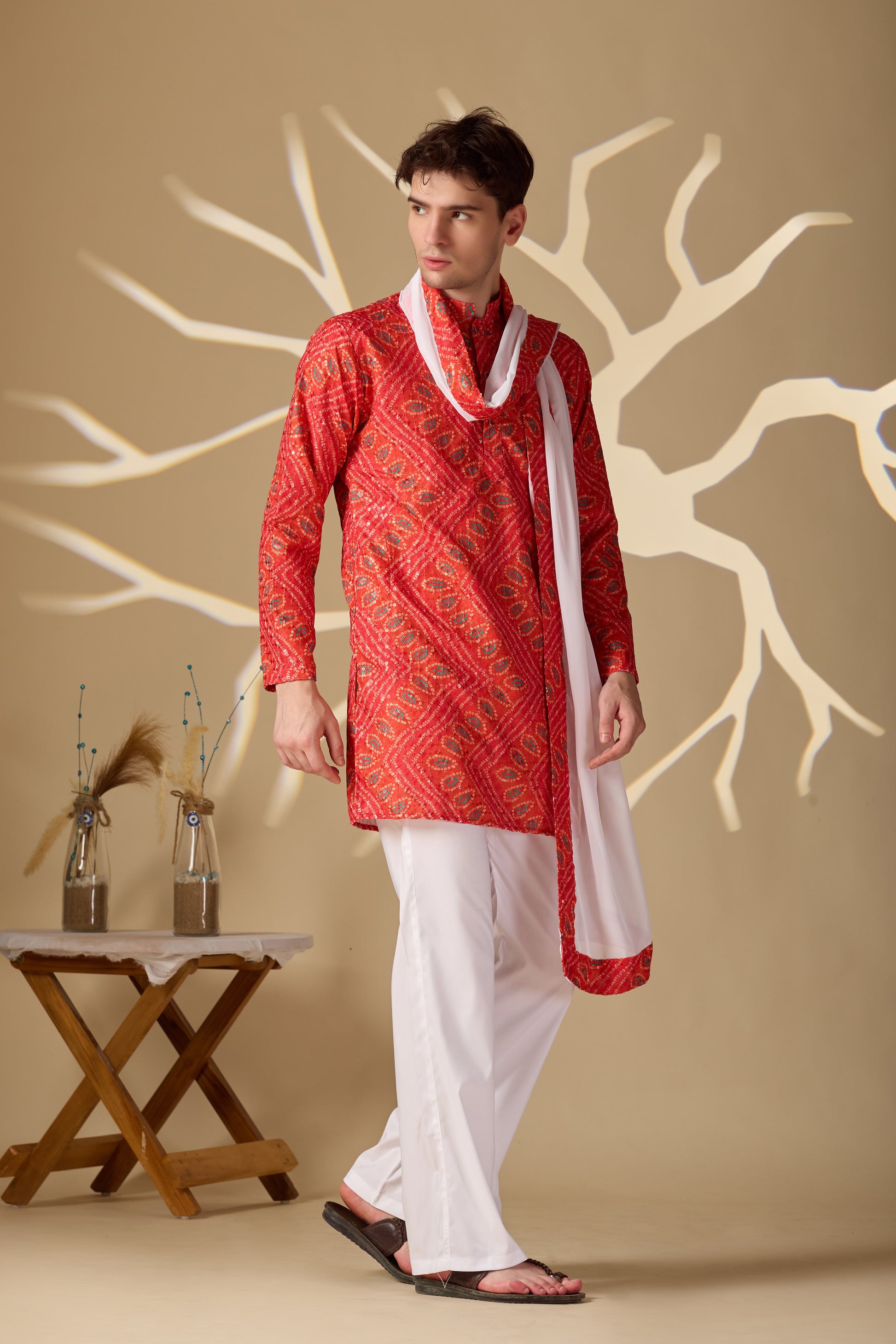 Bright Orange Bandhani Printed SHORT Kurta+Dupatta+pant set