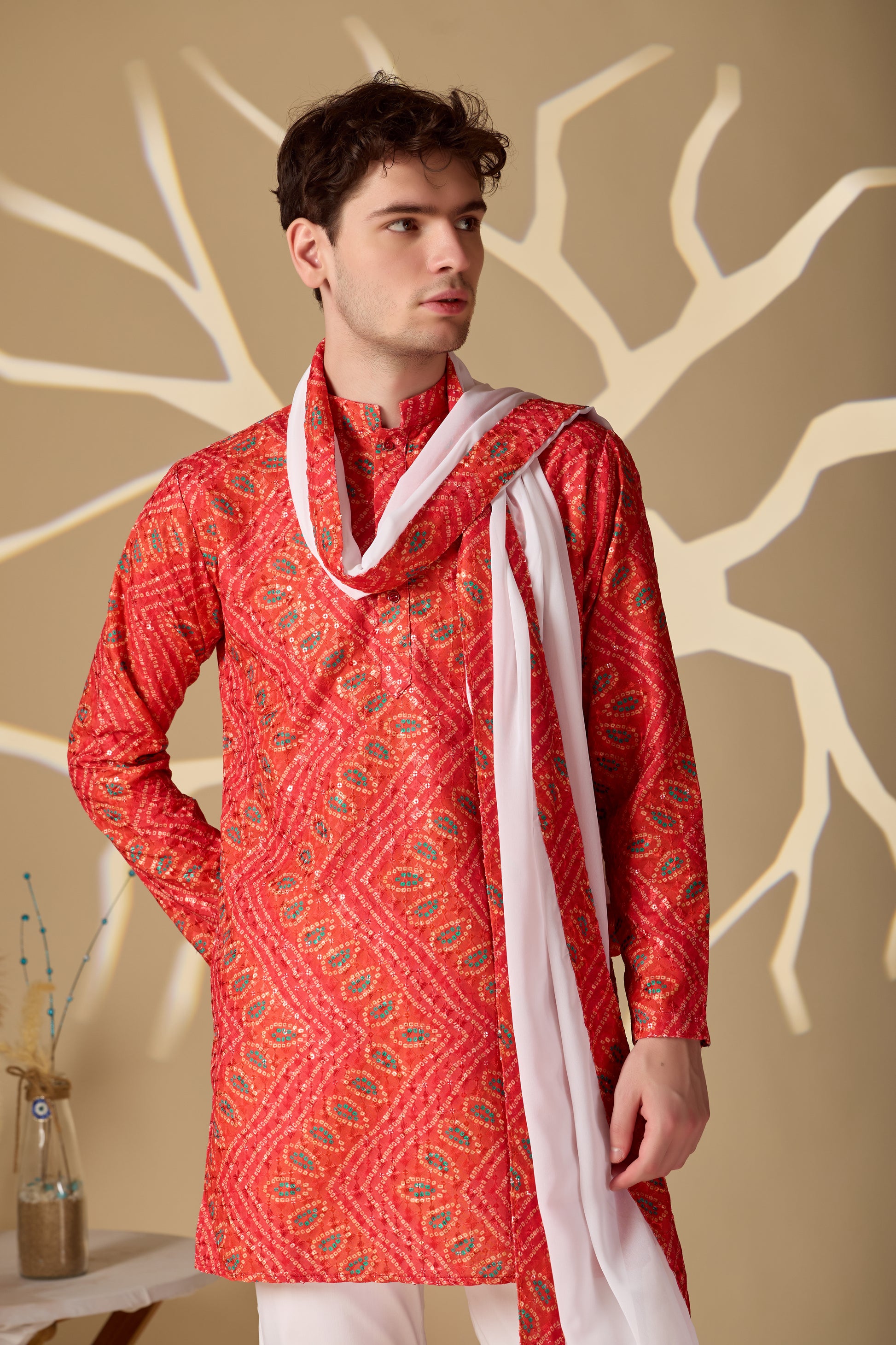 Bright Orange Bandhani Printed SHORT Kurta+Dupatta+pant set