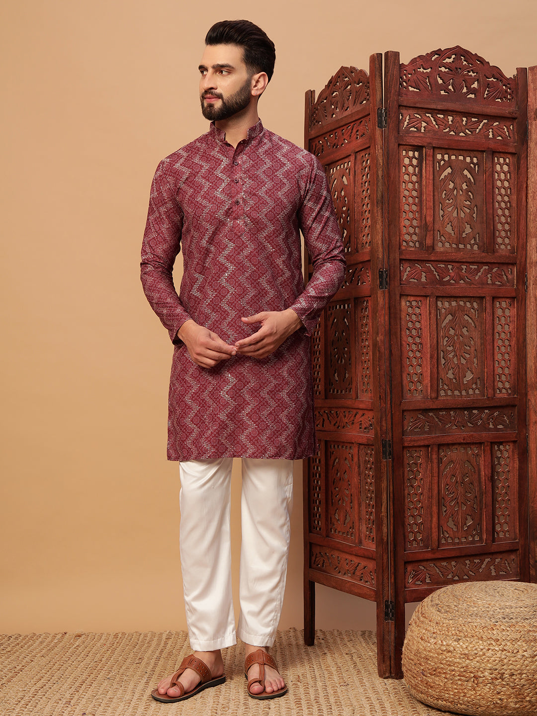 Rustic Red Bandhani Embroided Print Kurta