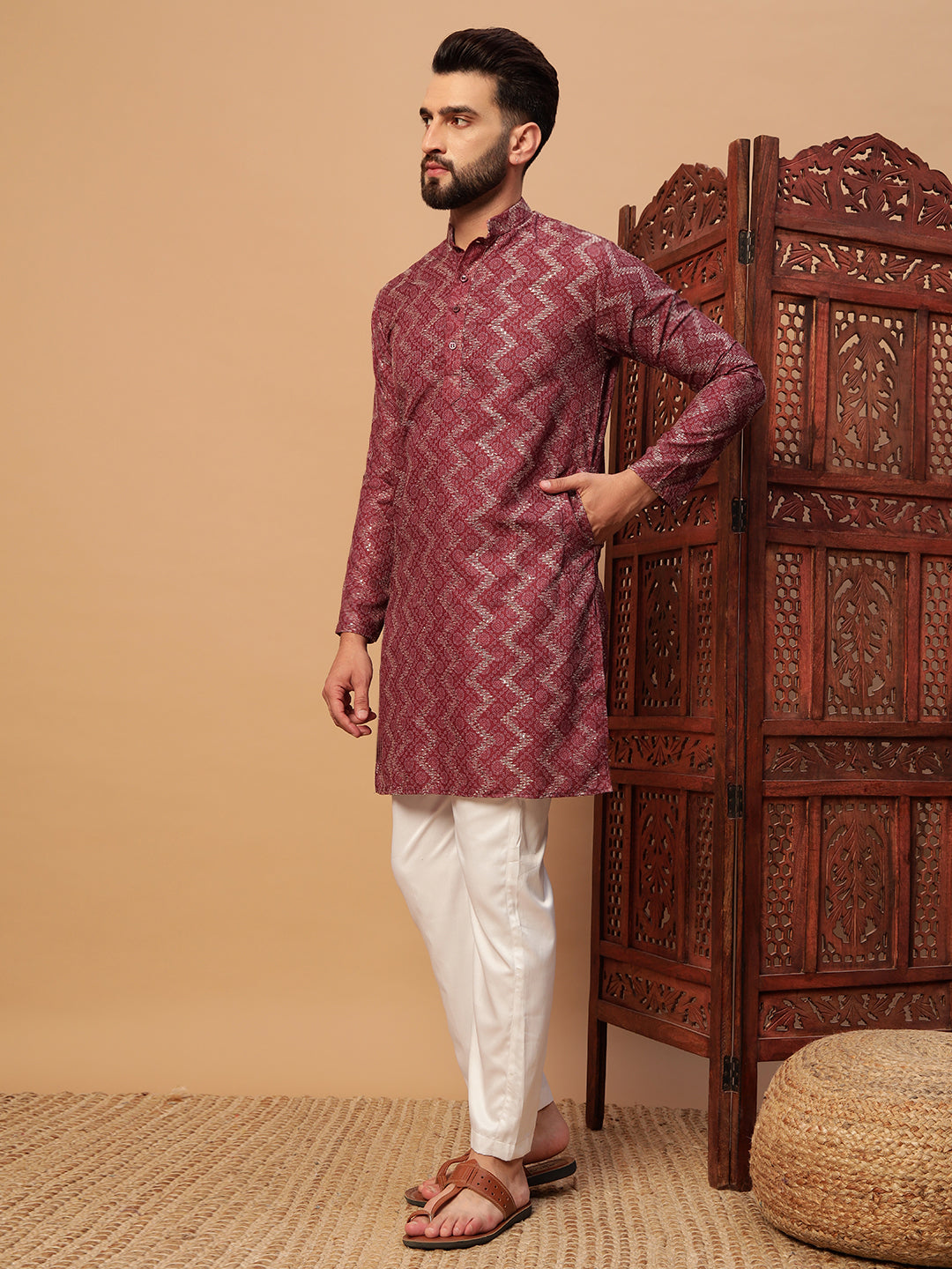 Rustic Red Bandhani Embroided Print Kurta