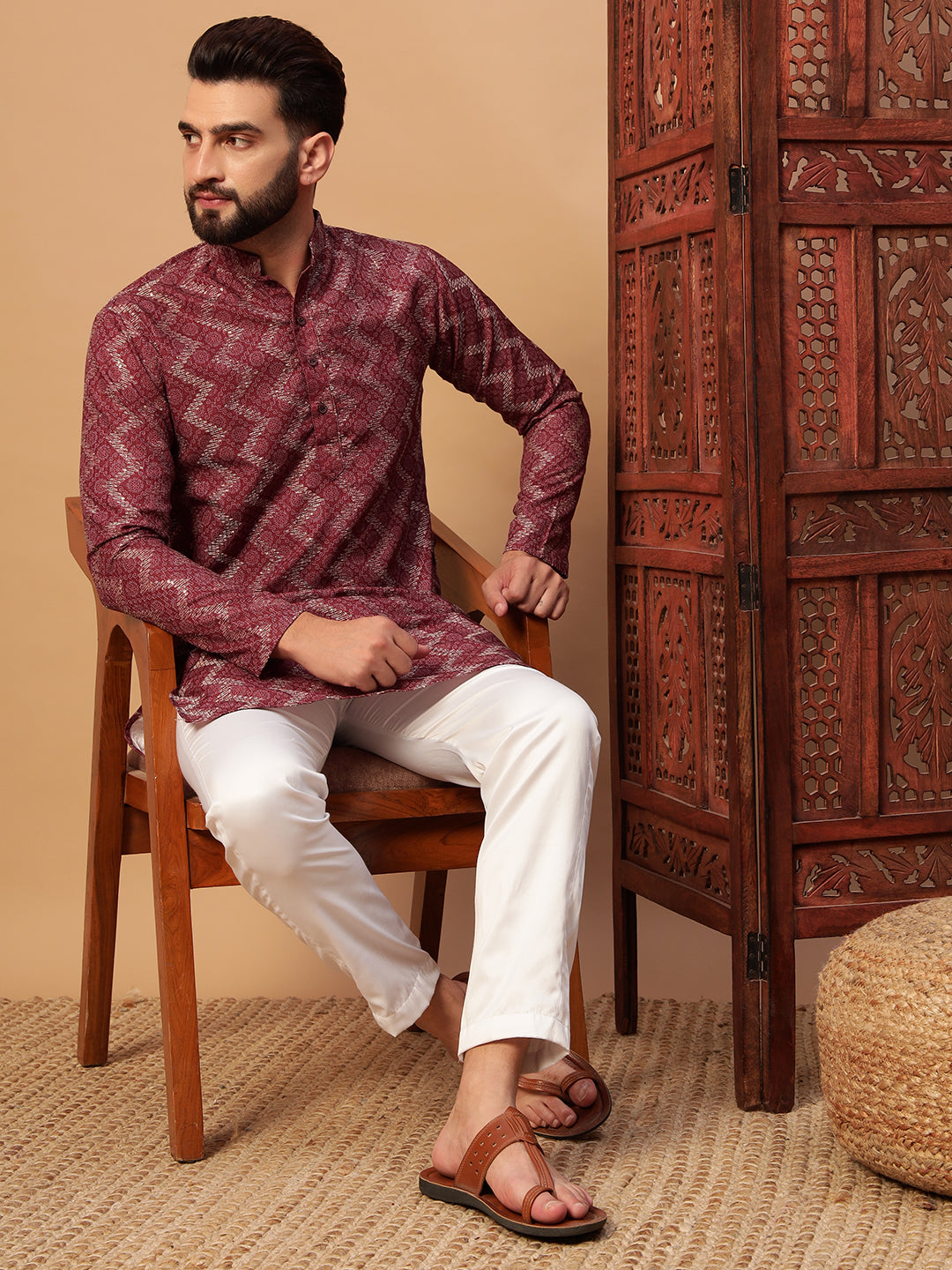 Rustic Red Bandhani Embroided Print Kurta