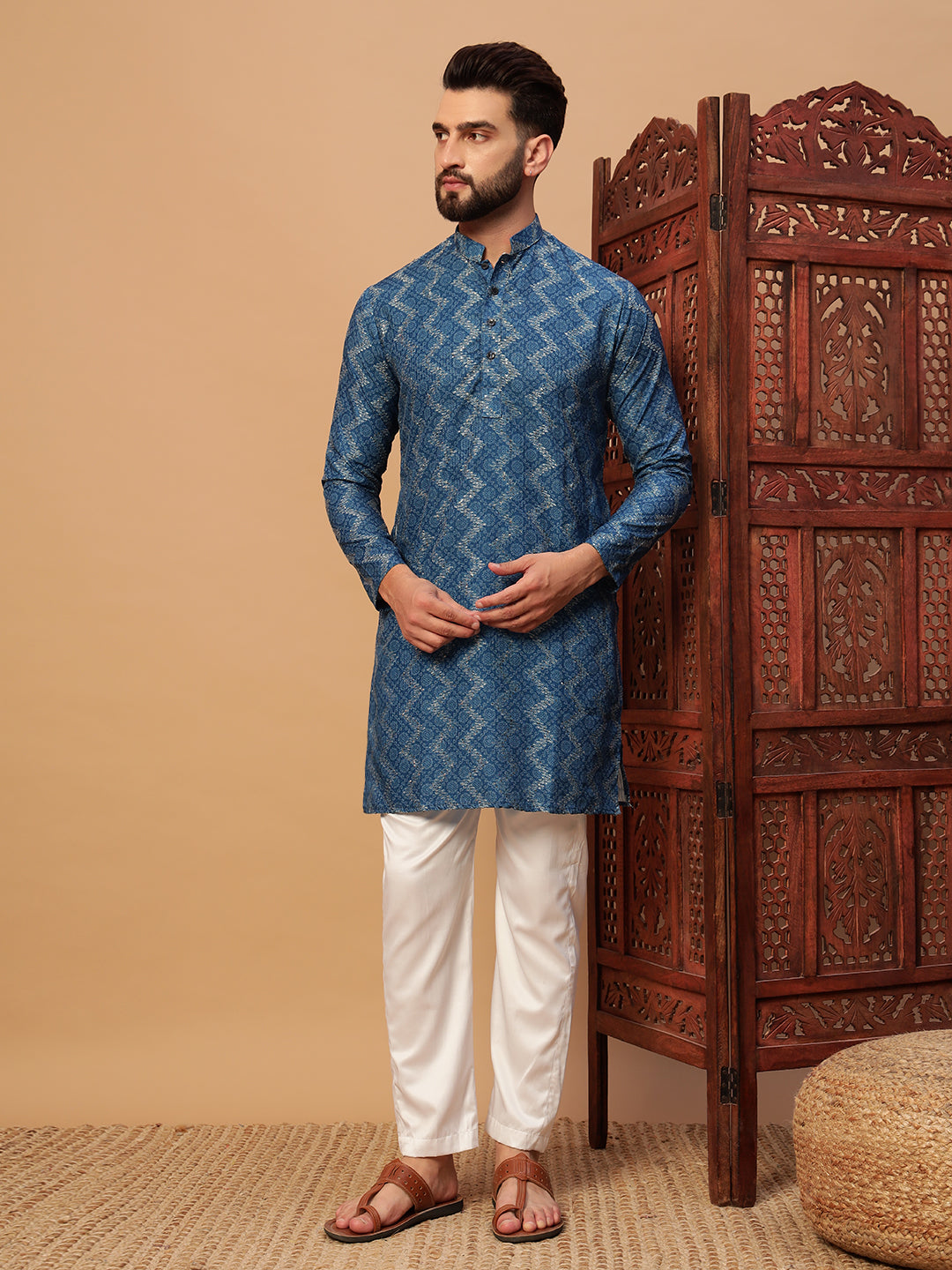 Deep Blue Bandhani Embroided Print Kurta