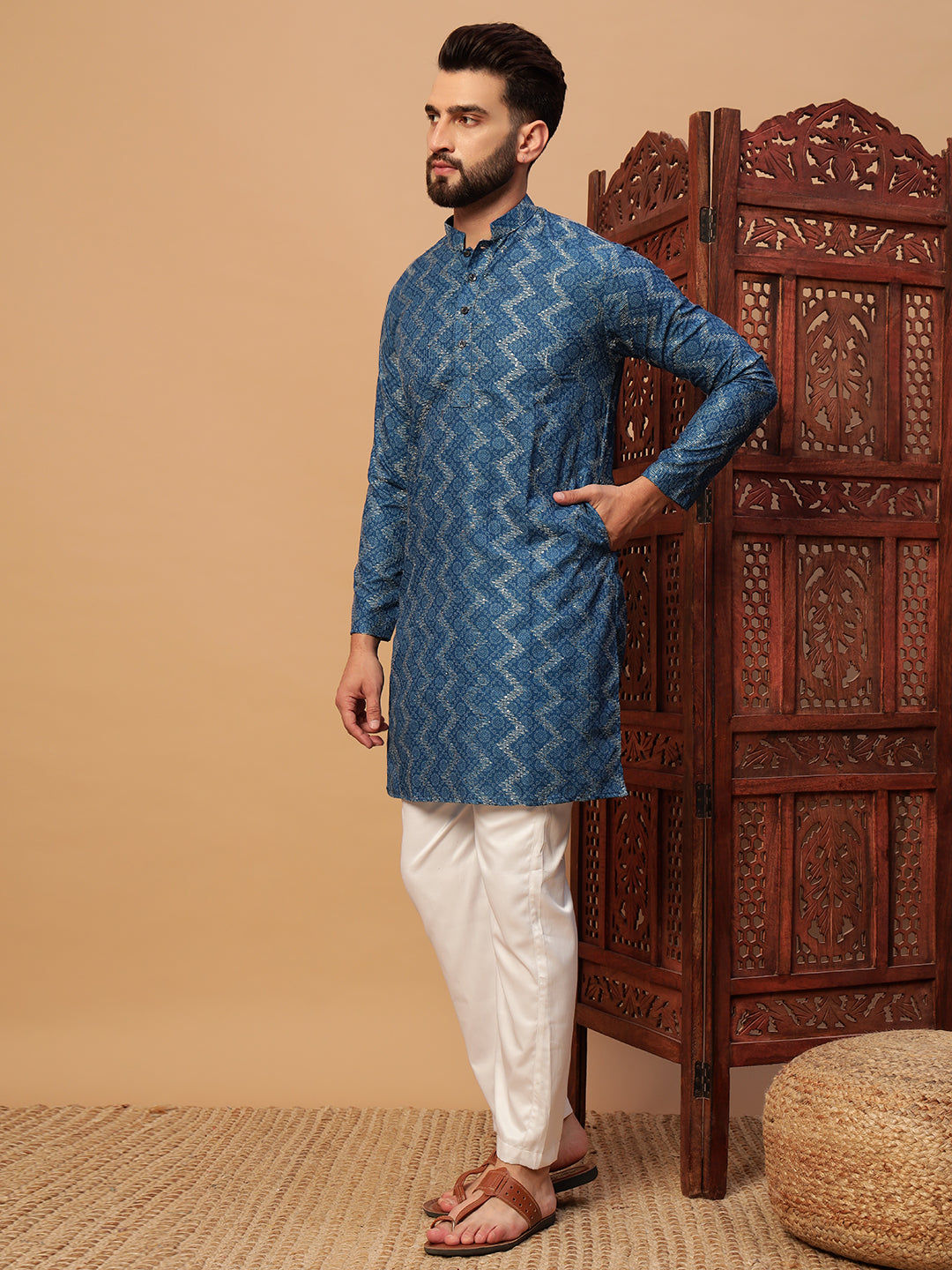 Deep Blue Bandhani Embroided Print Kurta