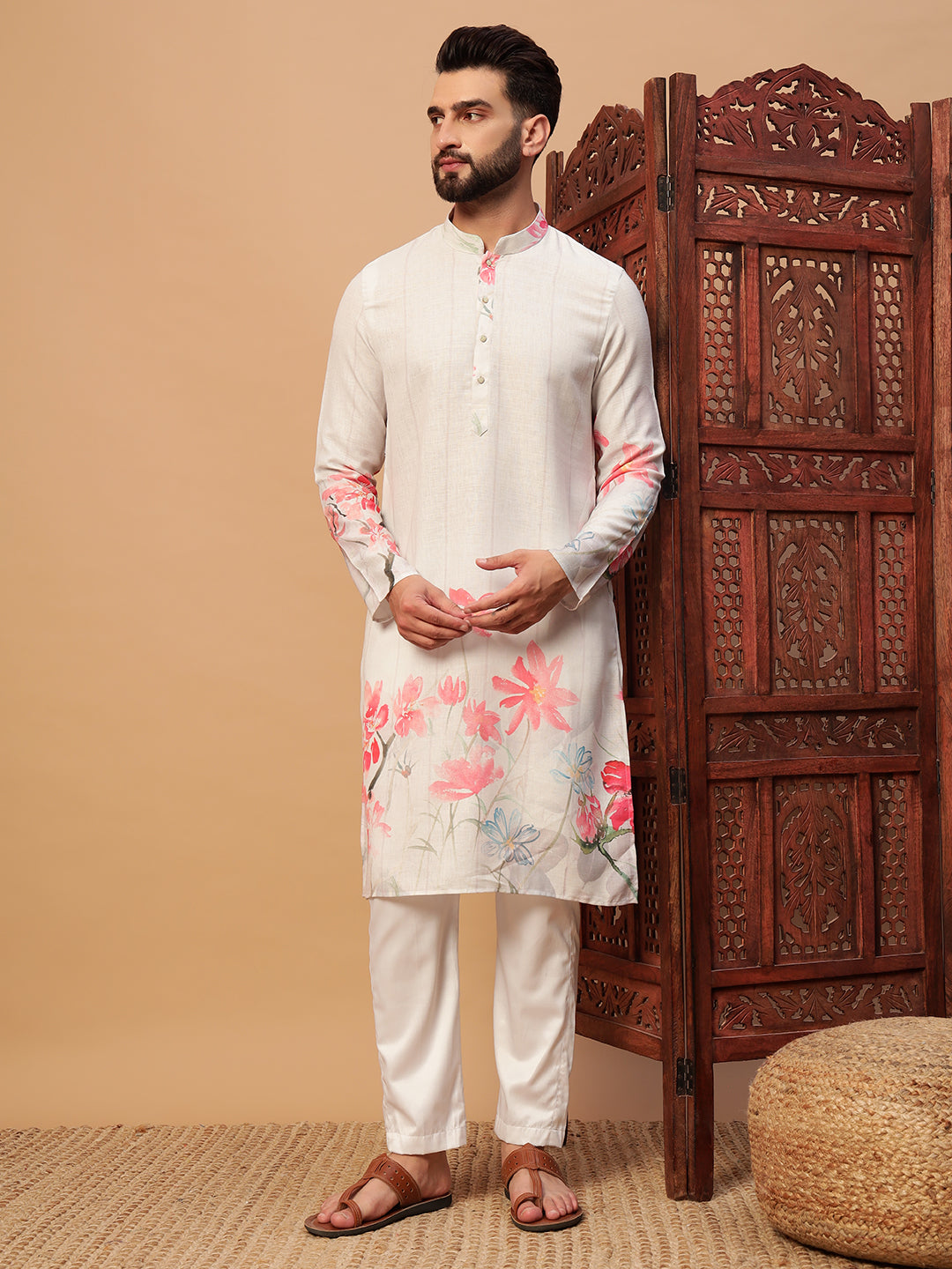 White Floral Print Linen Kurta Set