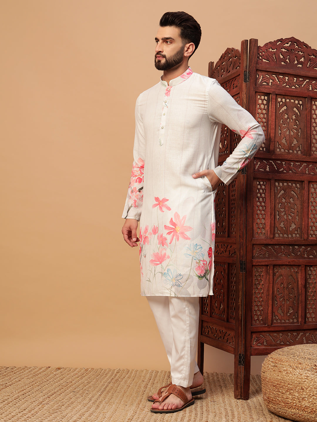 White Floral Print Linen Kurta Set