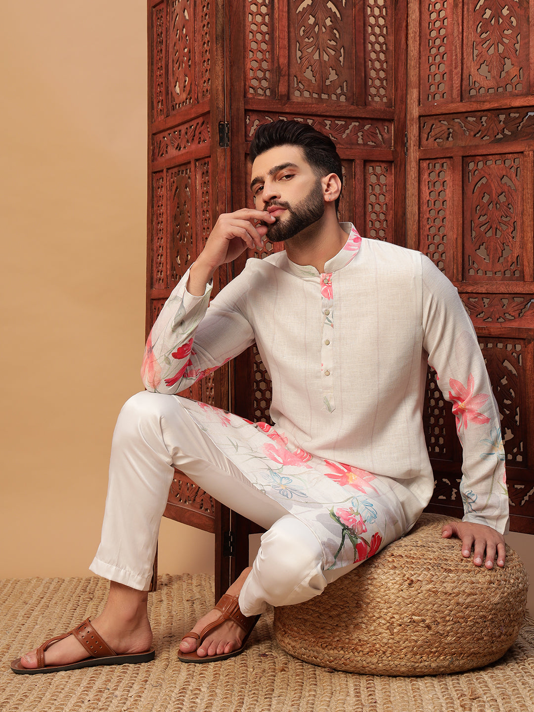 White Floral Print Linen Kurta Set