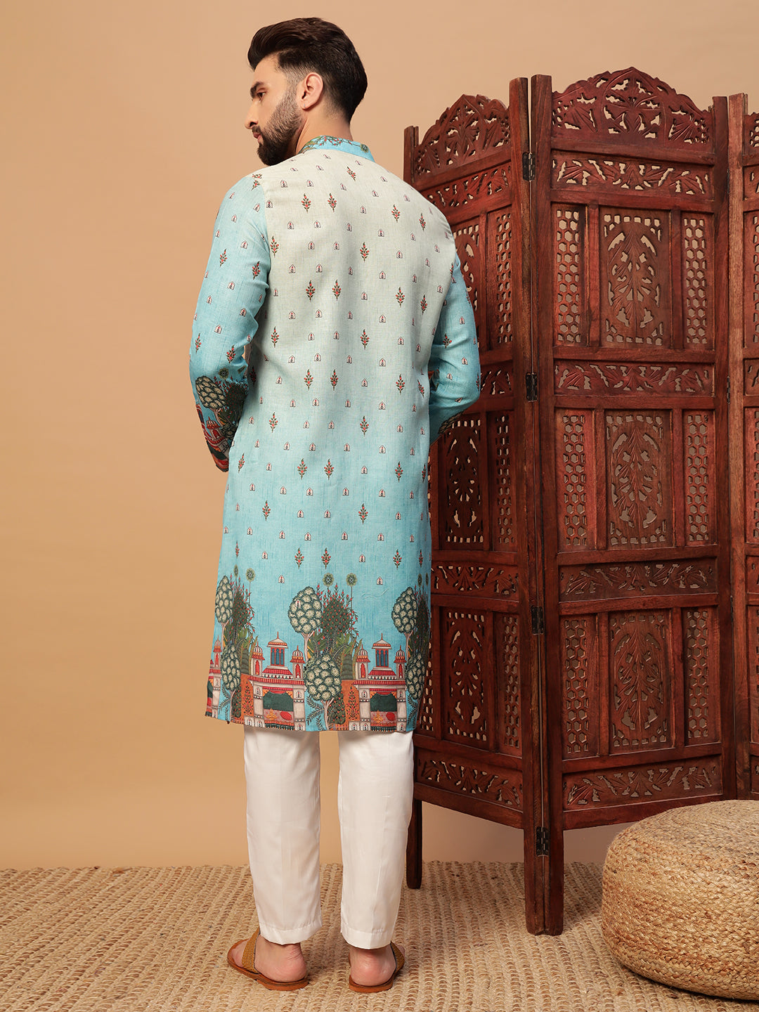 Blue Digital Print linen Kurta set