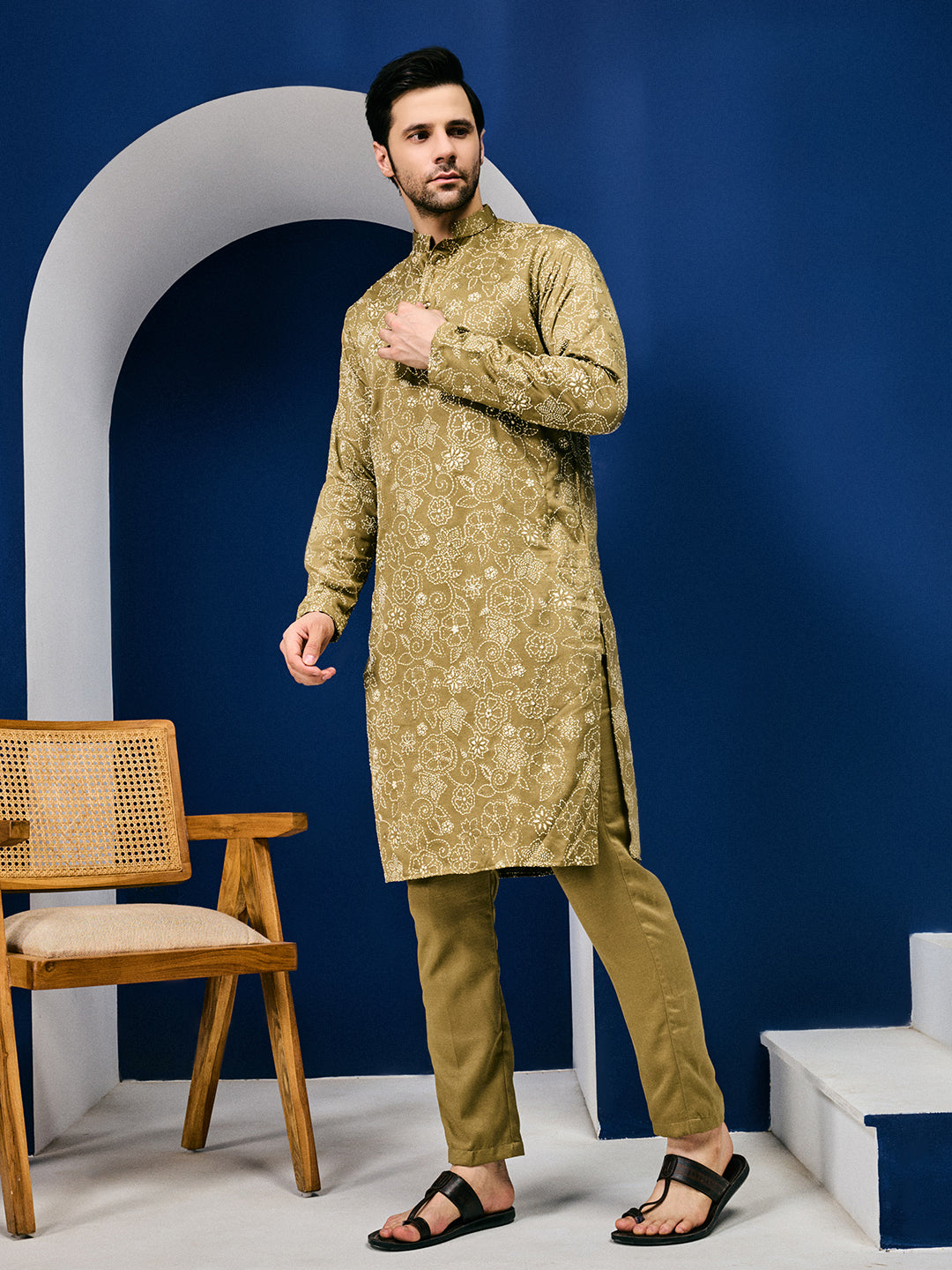 Roohani Olive Mehendi Floral Printed Kurta With Pant Set