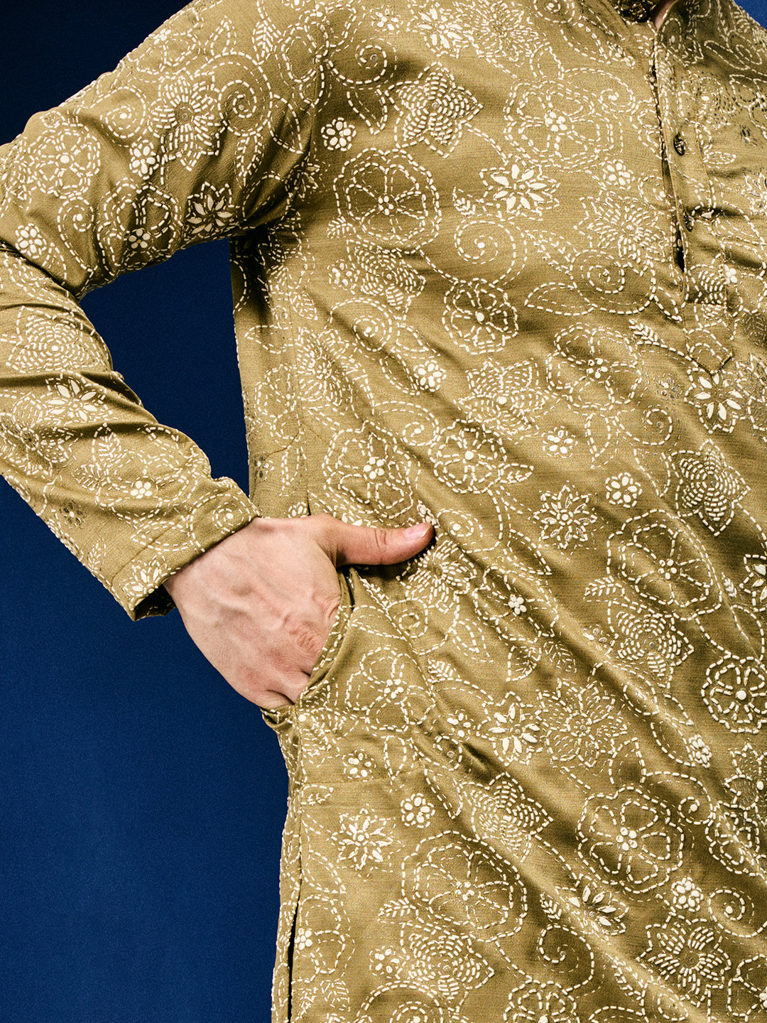 Roohani Olive Mehendi Floral Printed Kurta With Pant Set