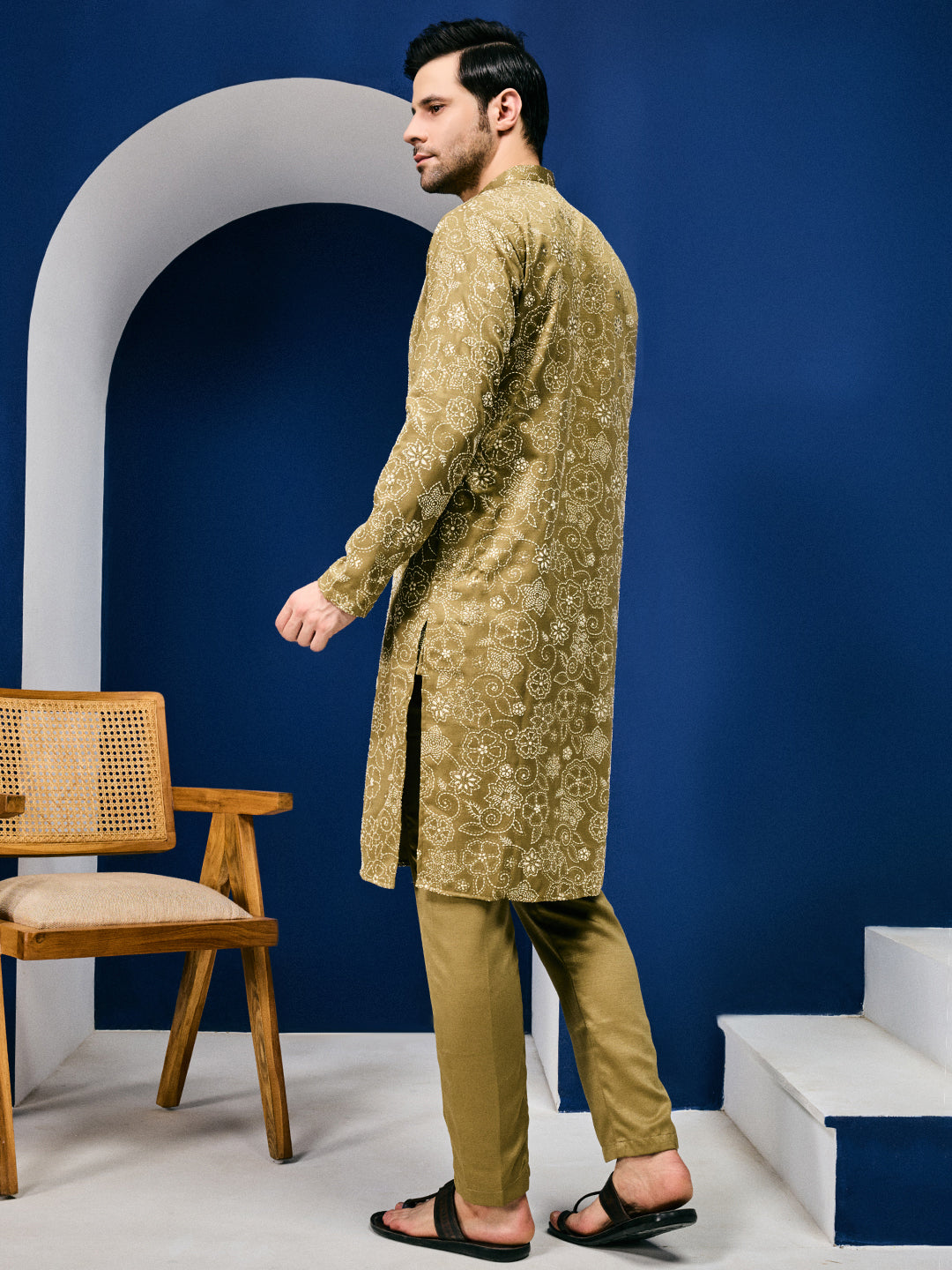 Roohani Olive Mehendi Floral Printed Kurta With Pant Set