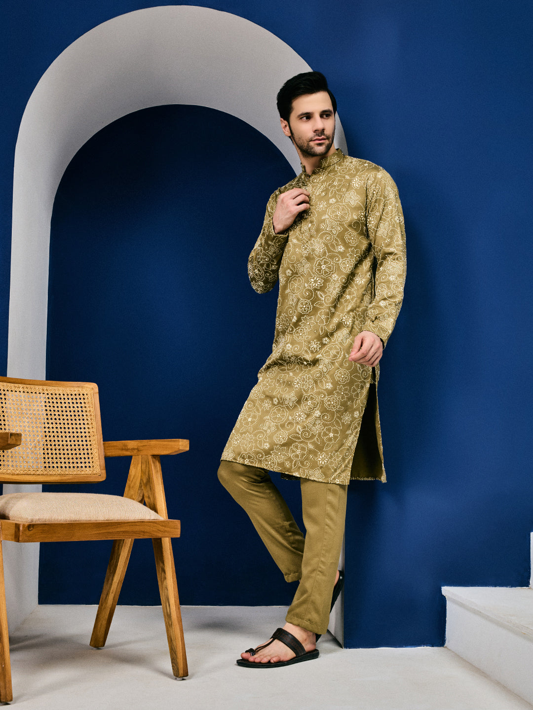 Roohani Olive Mehendi Floral Printed Kurta With Pant Set