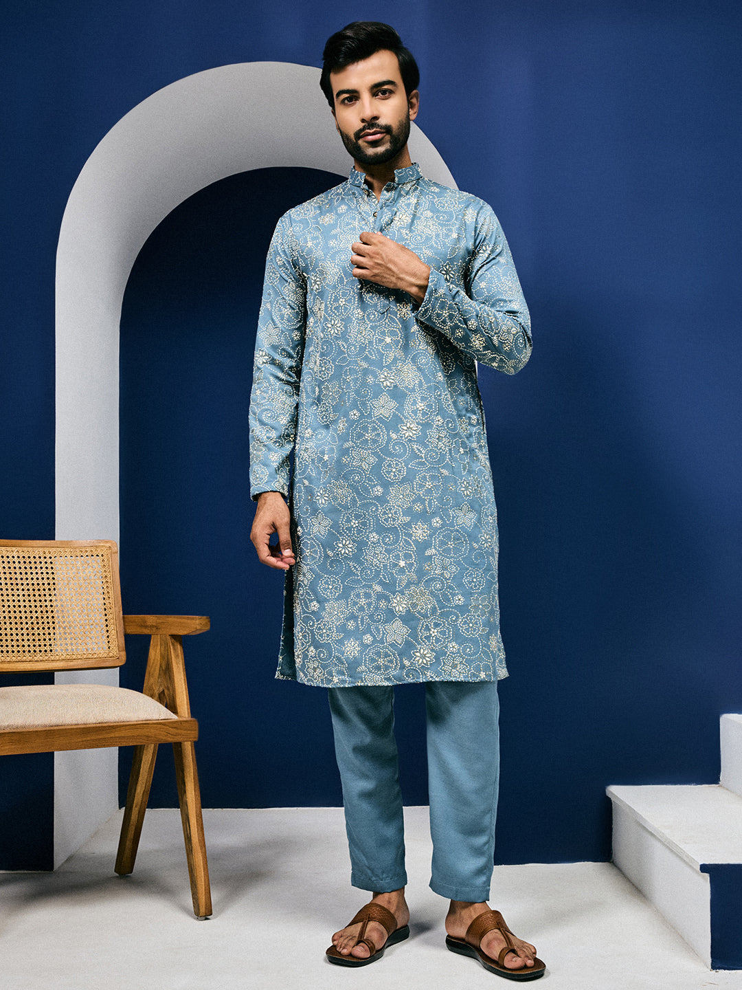 Roohani Teal Blue Floral Printed Kurta With Pant Set