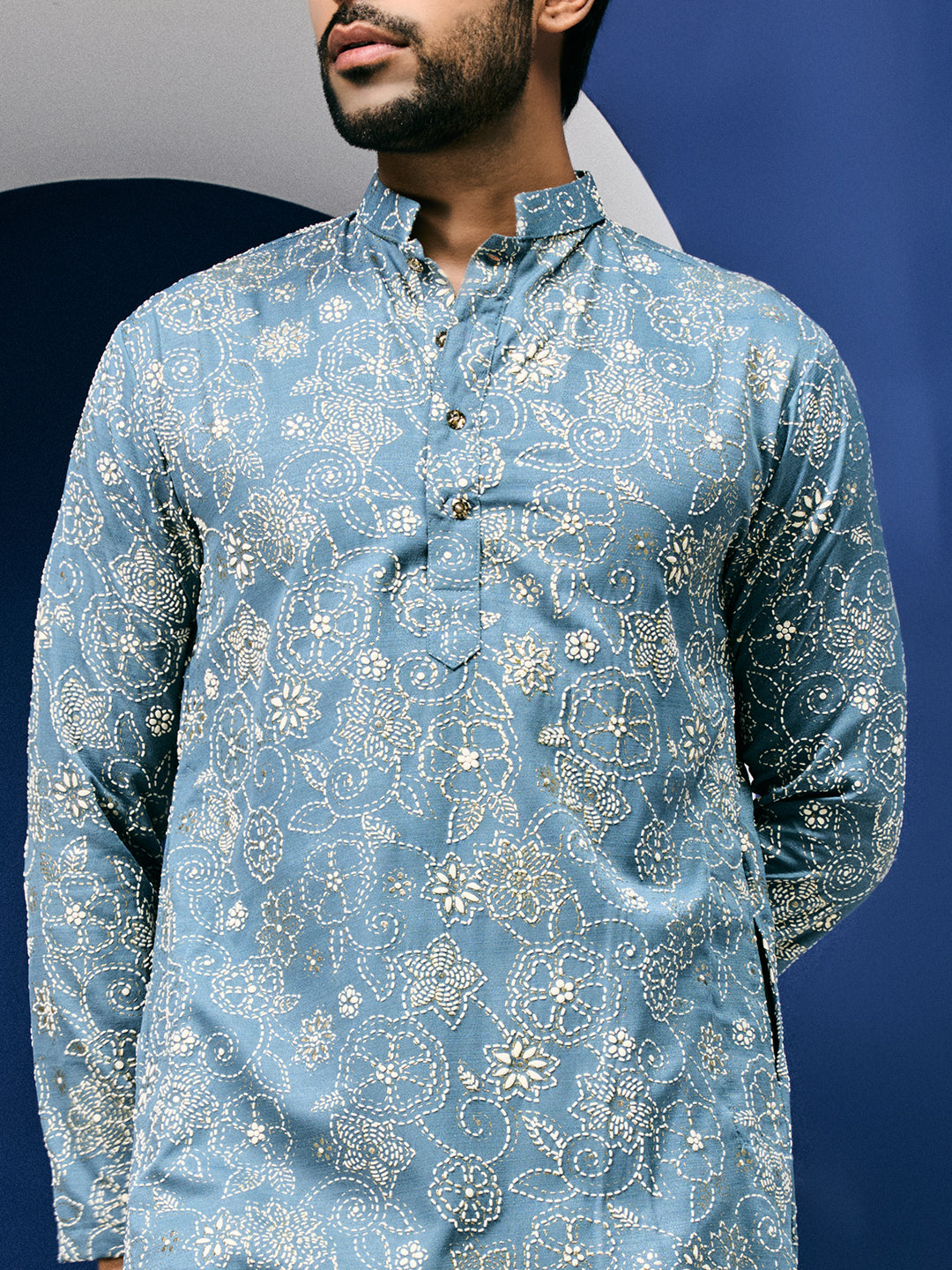 Roohani Teal Blue Floral Printed Kurta With Pant Set