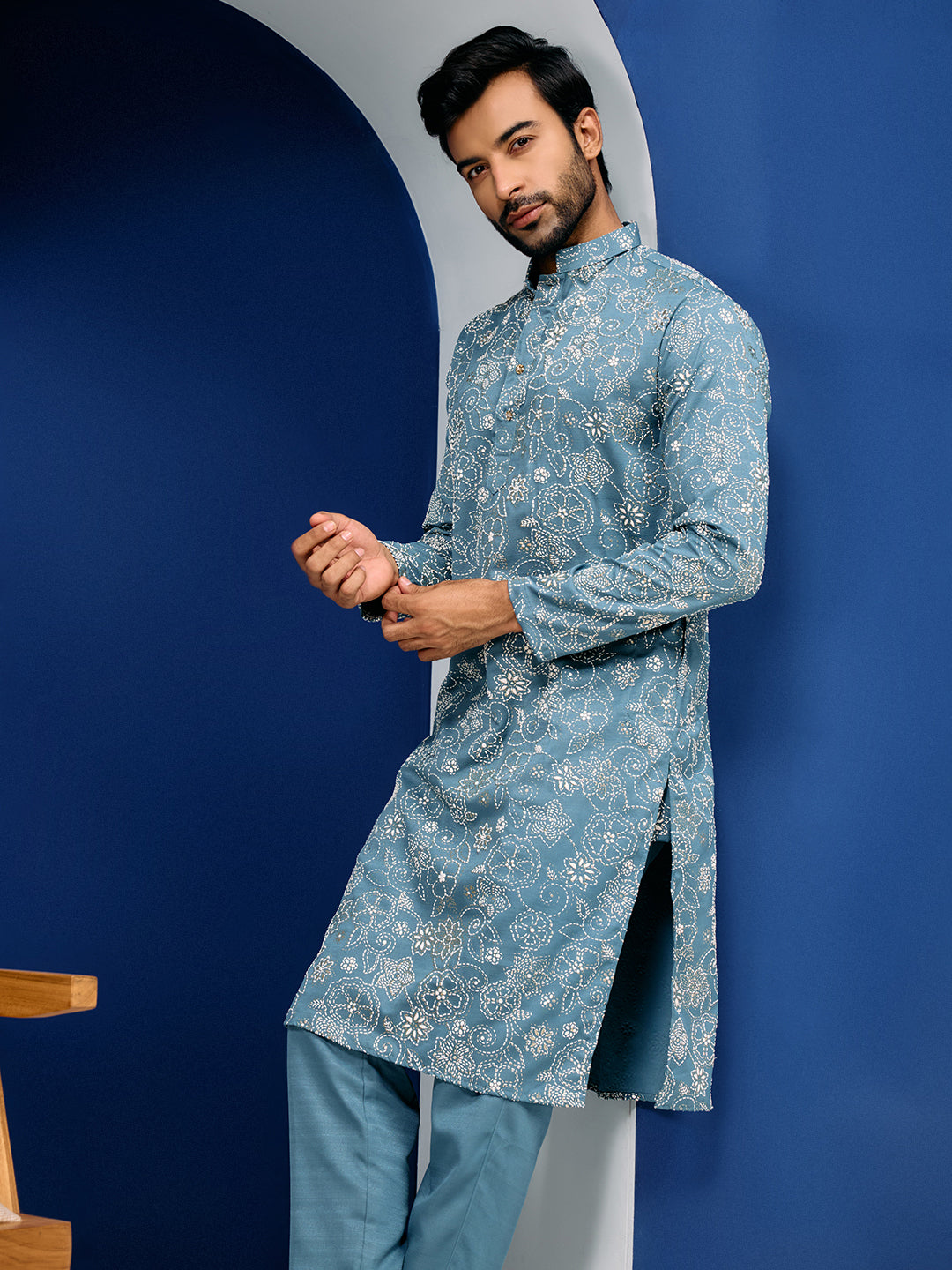 Roohani Teal Blue Floral Printed Kurta With Pant Set