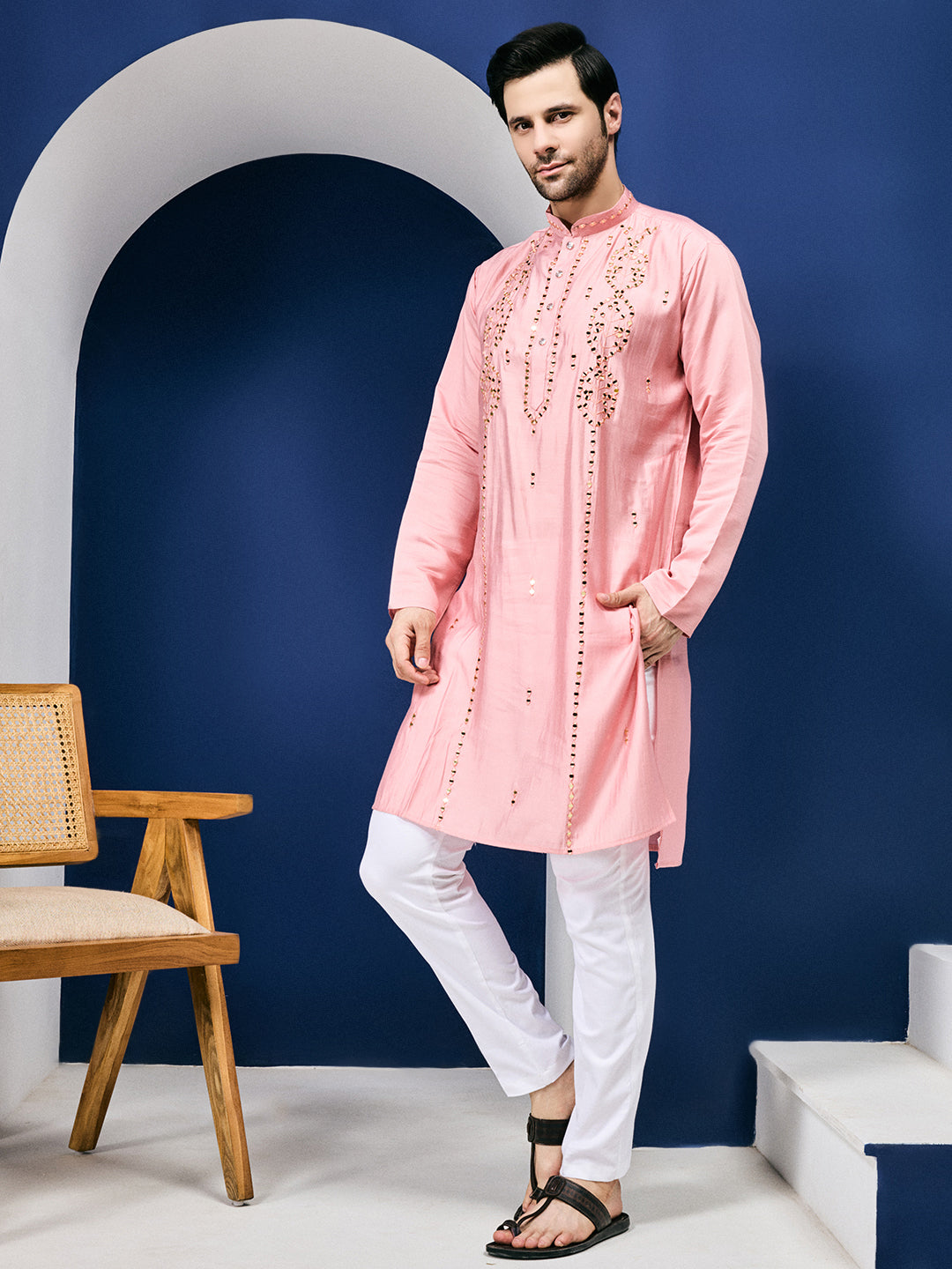 Sparkle Symphony Pastel Pink Real Mirror Embroided Designer Kurta-pant Set