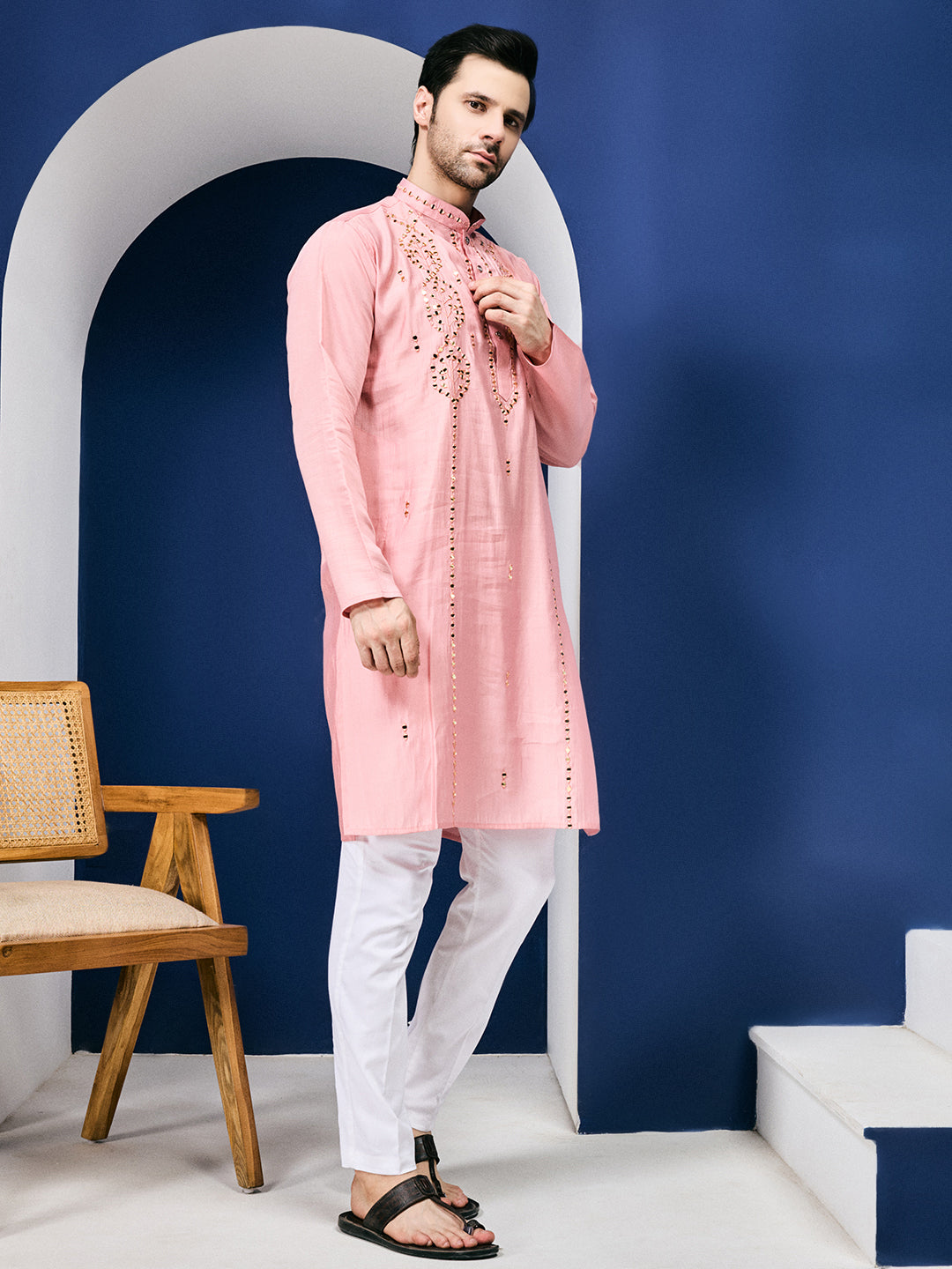 Sparkle Symphony Pastel Pink Real Mirror Embroided Designer Kurta-pant Set