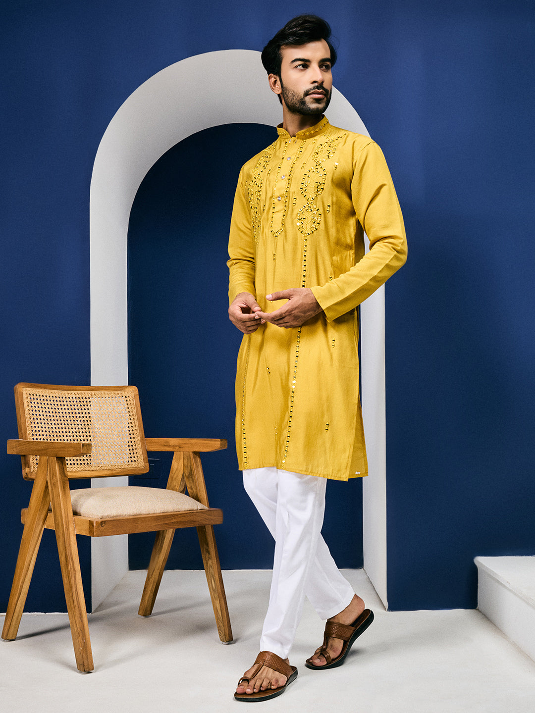 Sparkle Symphony Mustard Yellow Real Mirror Embroided Designer Kurta-pant Set