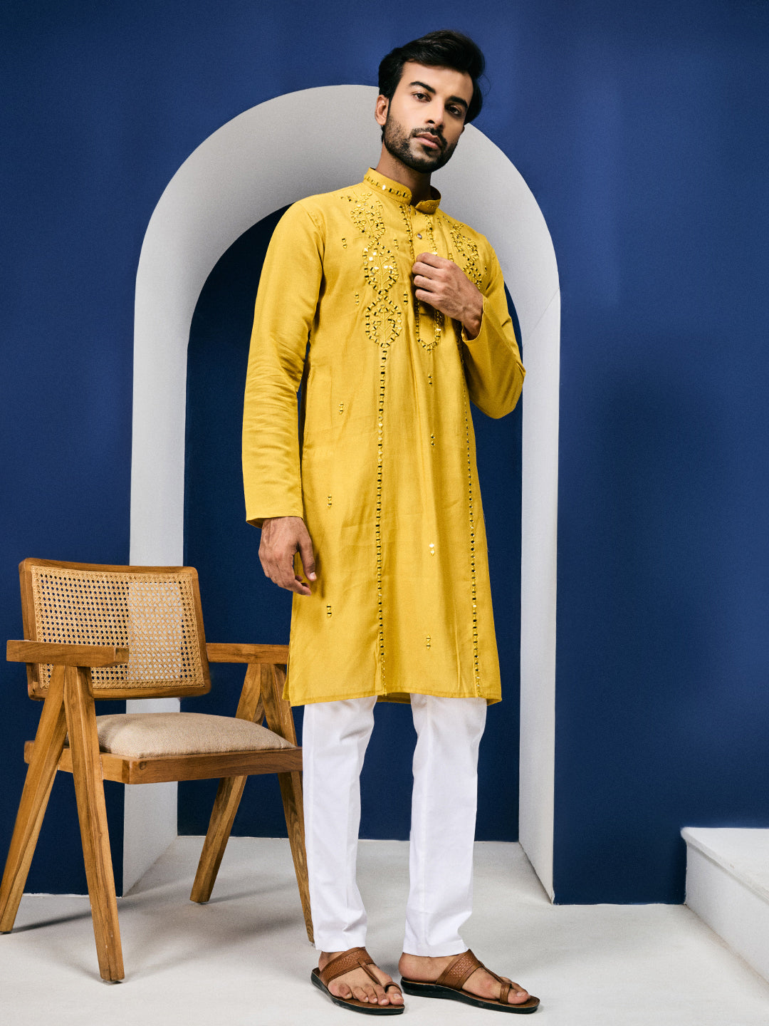Sparkle Symphony Mustard Yellow Real Mirror Embroided Designer Kurta-pant Set