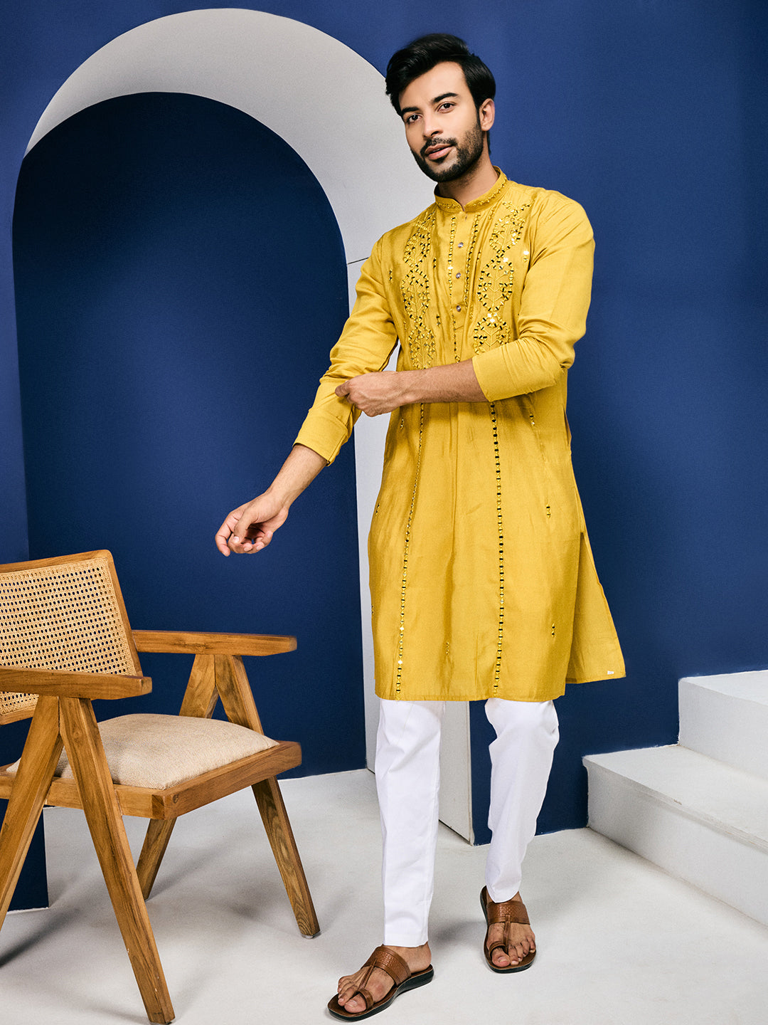 Sparkle Symphony Mustard Yellow Real Mirror Embroided Designer Kurta-pant Set