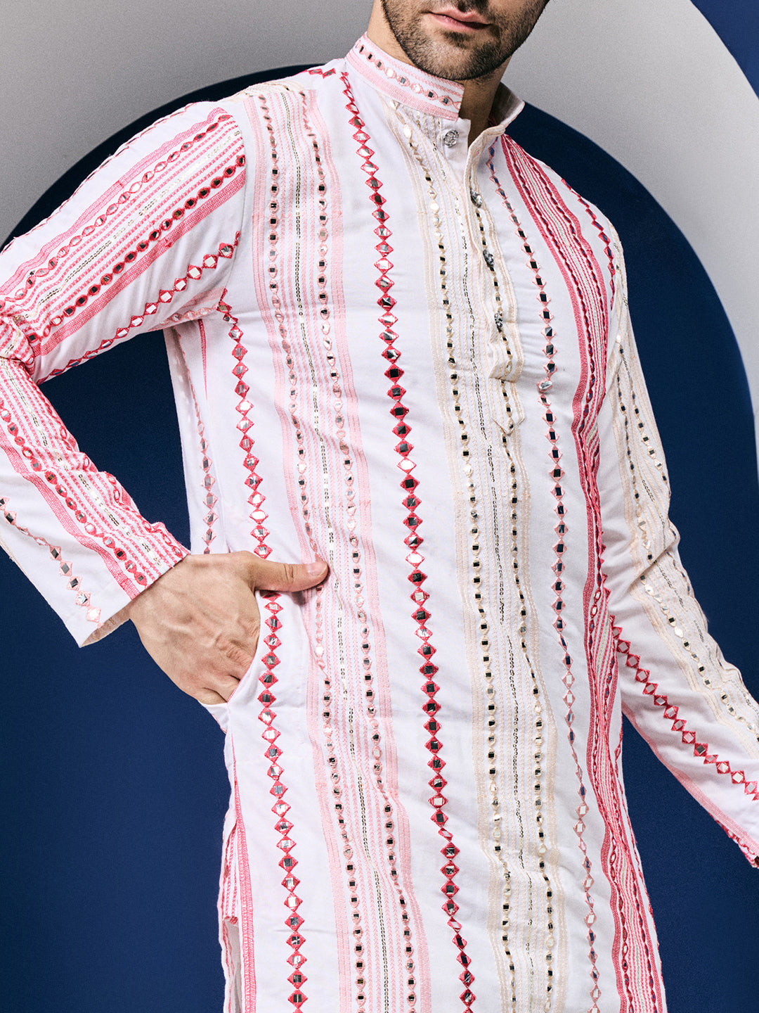 Rang Leheriya Floral Pink Foiled Mirror Striped Work Kurta Set