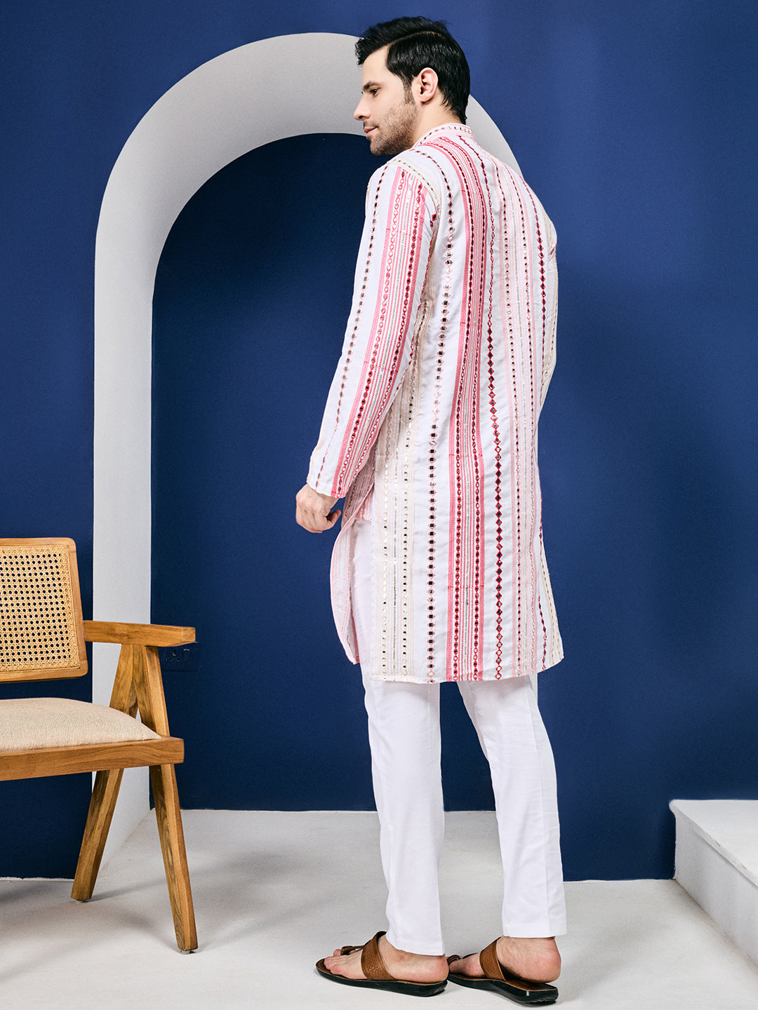 Rang Leheriya Floral Pink Foiled Mirror Striped Work Kurta Set