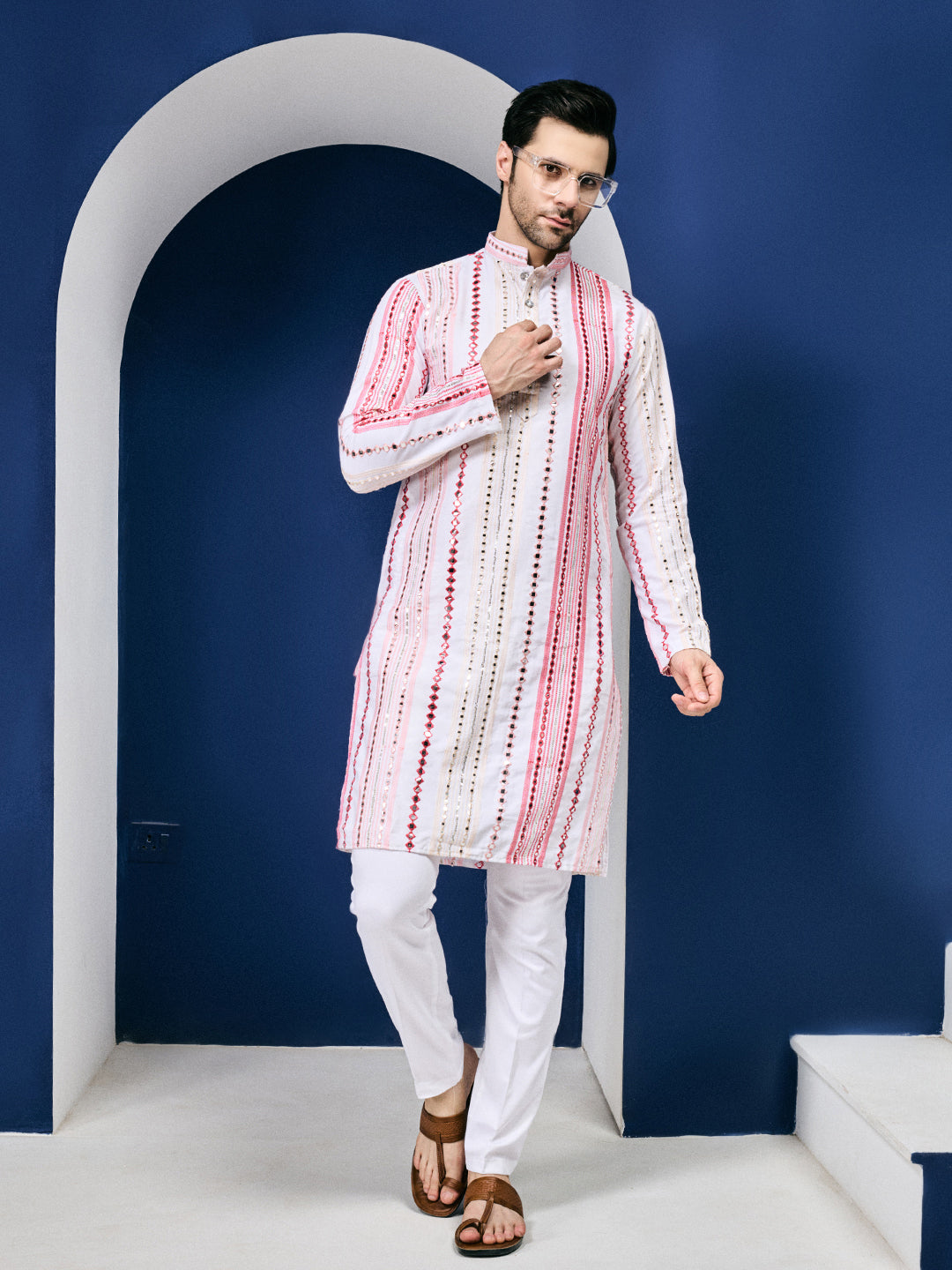 Rang Leheriya Floral Pink Foiled Mirror Striped Work Kurta Set
