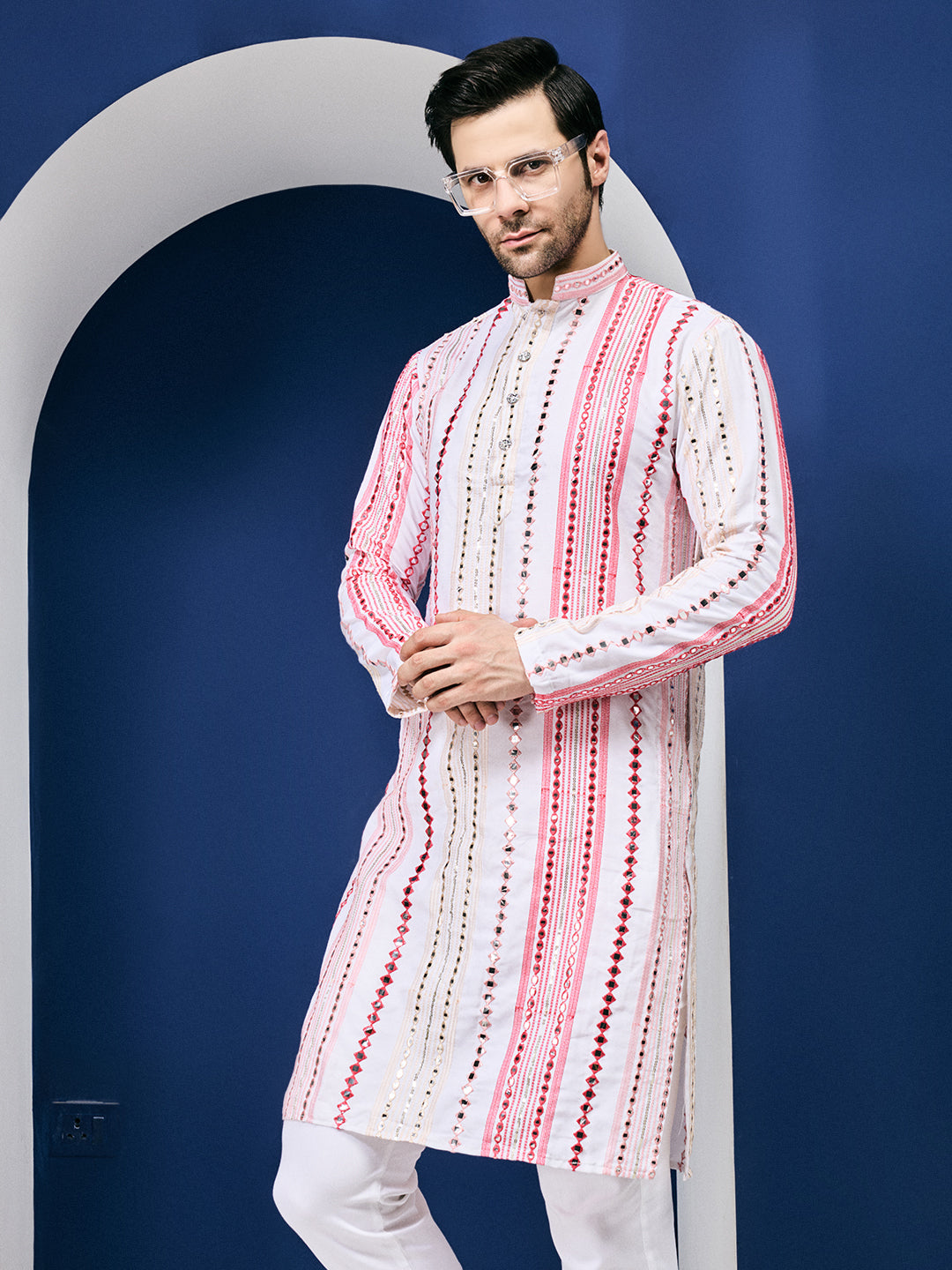 Rang Leheriya Floral Pink Foiled Mirror Striped Work Kurta Set