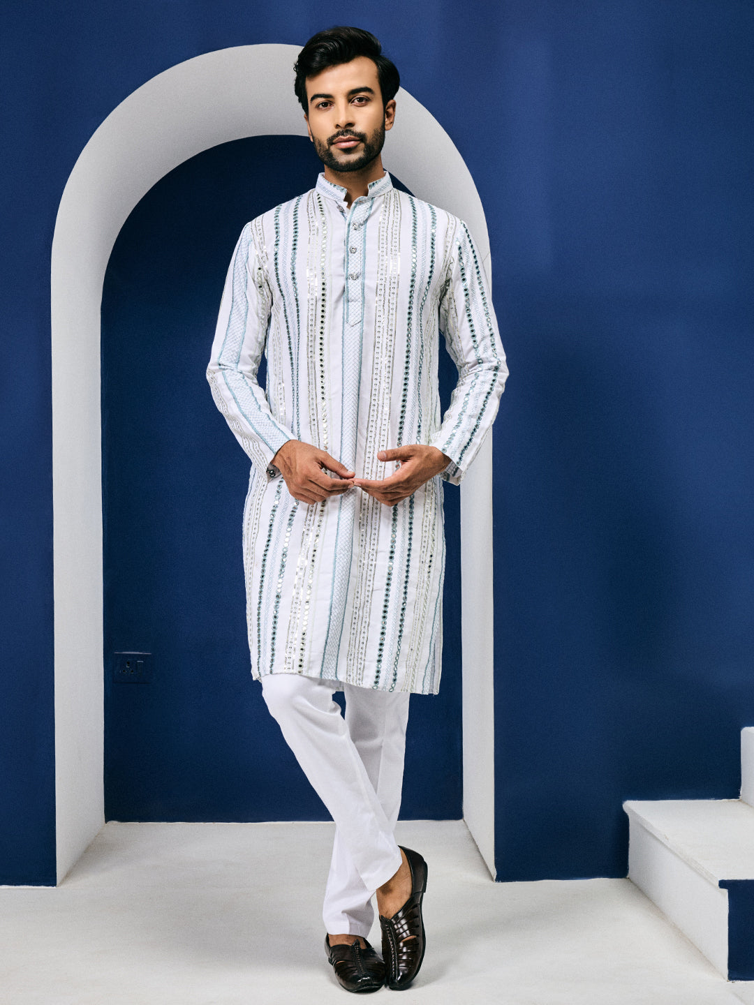 Rang Leheriya Grey Foiled Mirror Striped Work Kurta Set