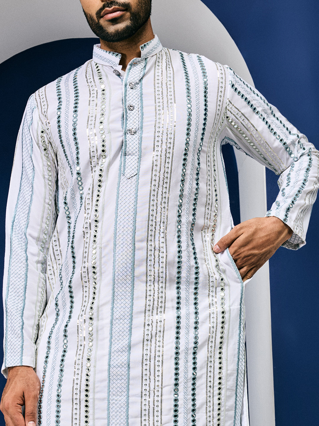 Rang Leheriya Grey Foiled Mirror Striped Work Kurta Set