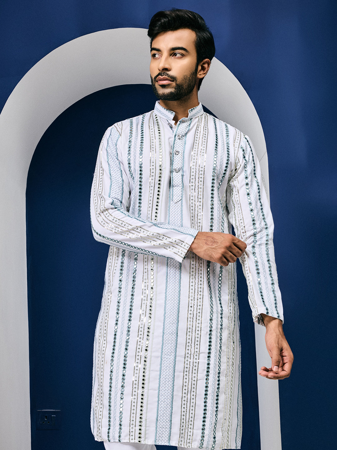 Rang Leheriya Grey Foiled Mirror Striped Work Kurta Set