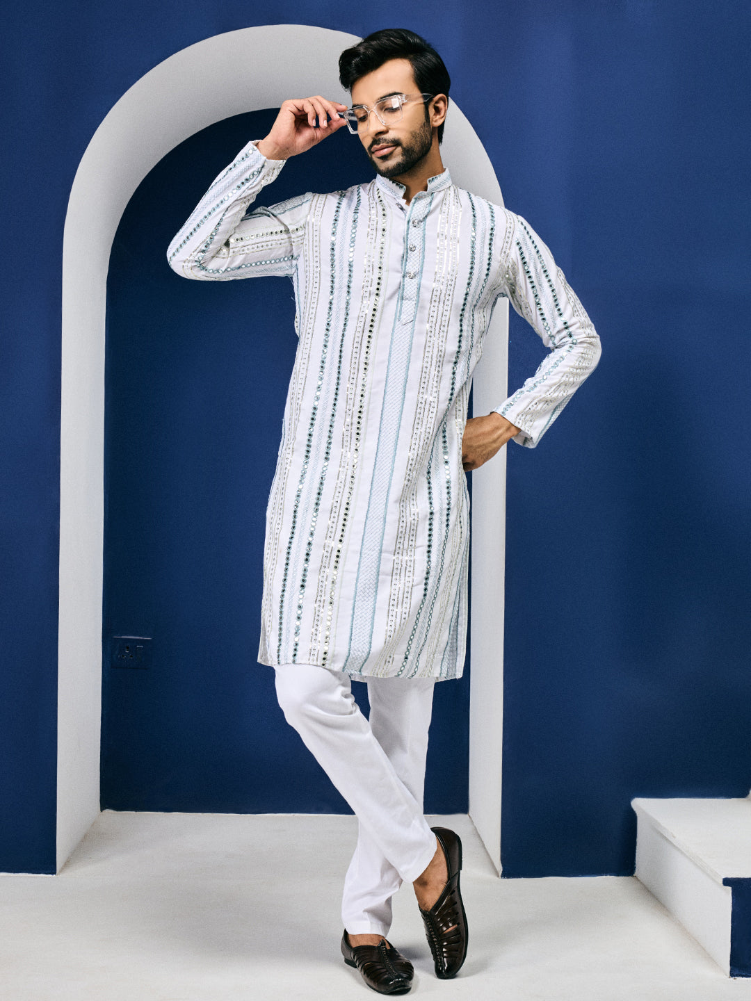 Rang Leheriya Grey Foiled Mirror Striped Work Kurta Set