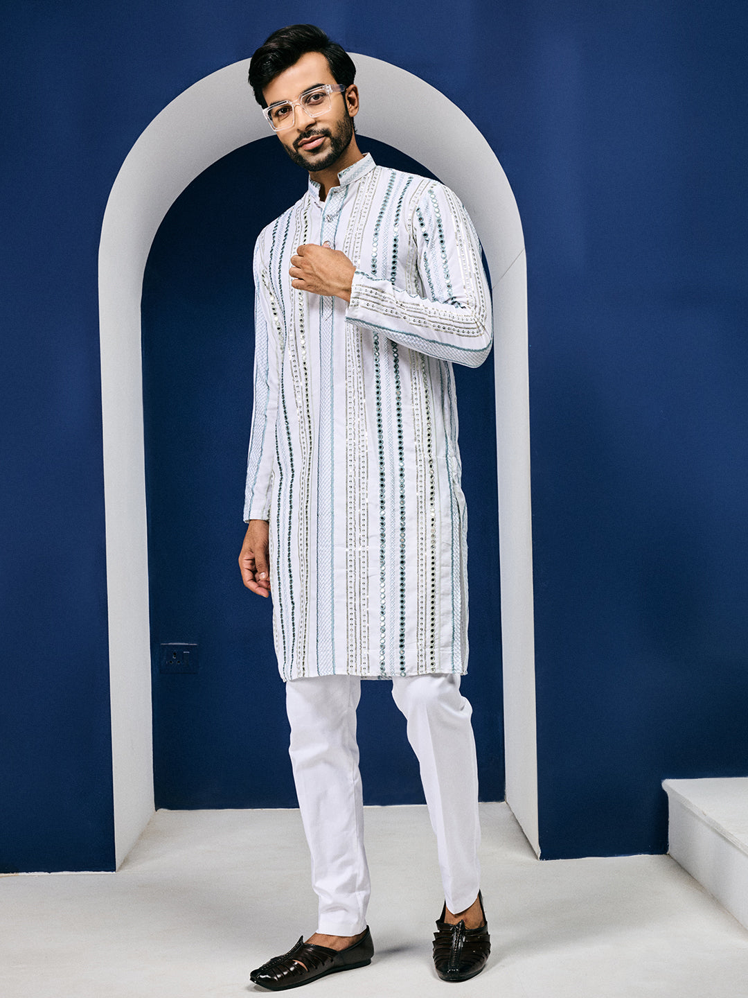 Rang Leheriya Grey Foiled Mirror Striped Work Kurta Set