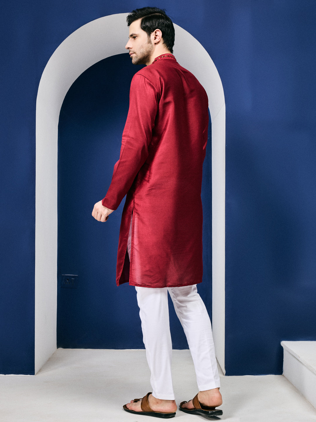 Sparkle Symphony Rustic Red Real Mirror Neck Embroidered Kurta-pant set.