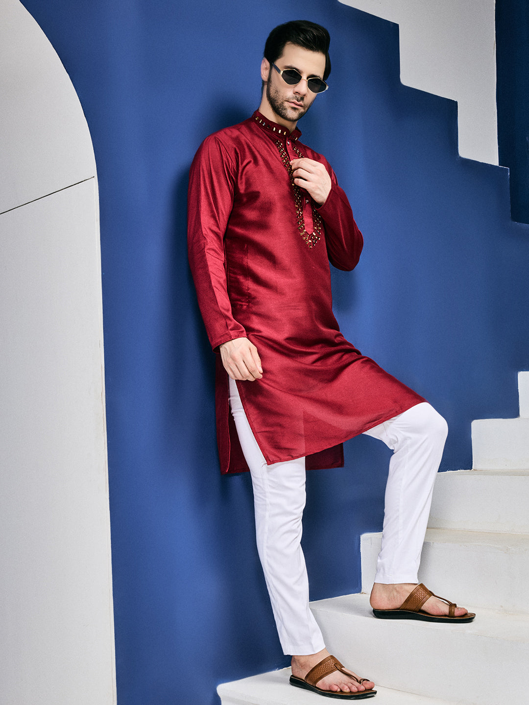 Sparkle Symphony Rustic Red Real Mirror Neck Embroidered Kurta-pant set.
