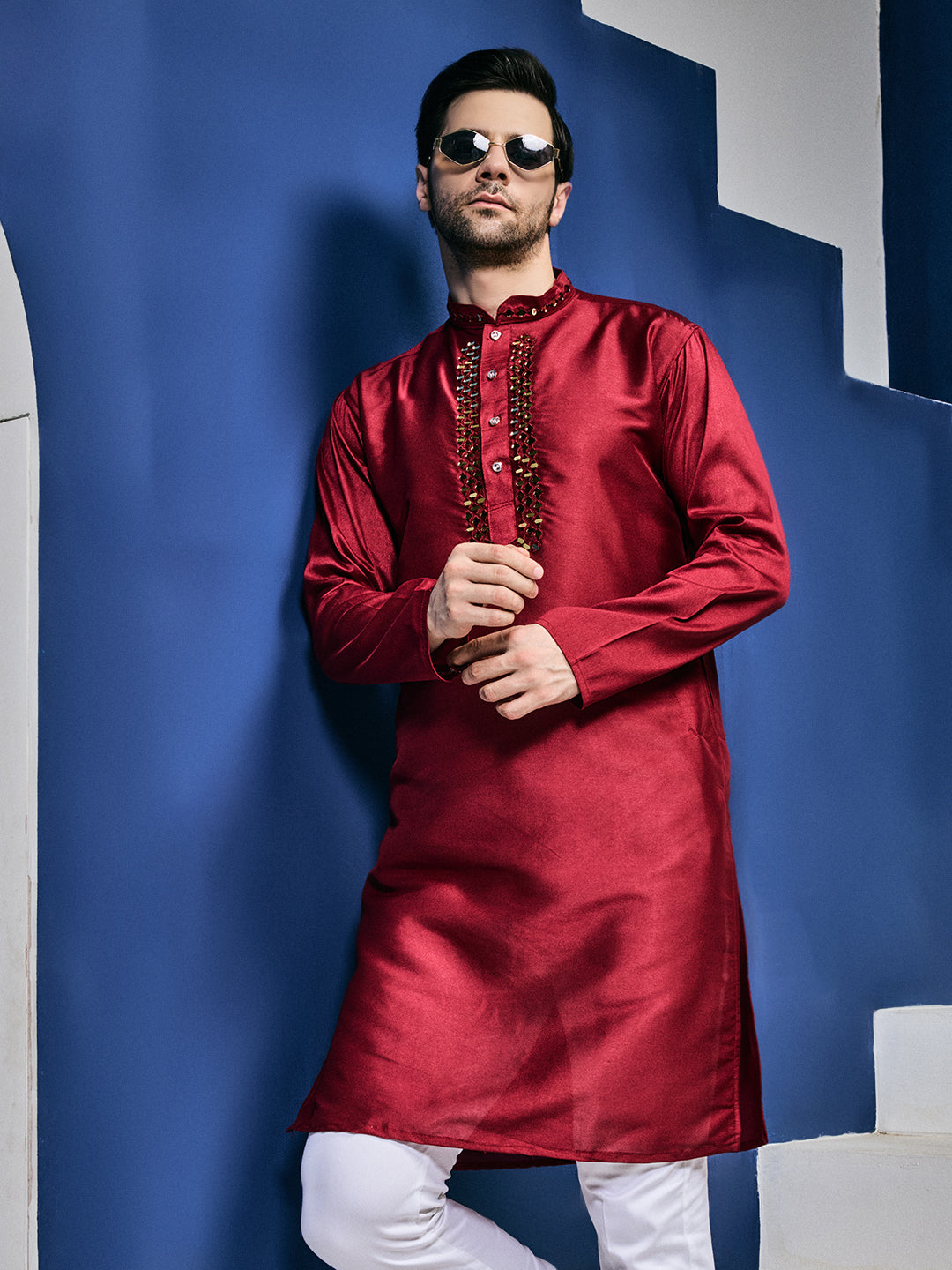 Sparkle Symphony Rustic Red Real Mirror Neck Embroidered Kurta-pant set.