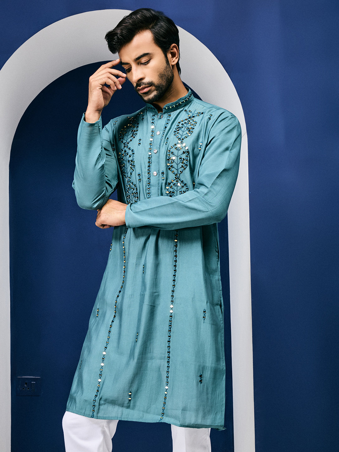 Sparkle Symphony Teal Blue Real Mirror Embroided Designer Kurta-pant Set